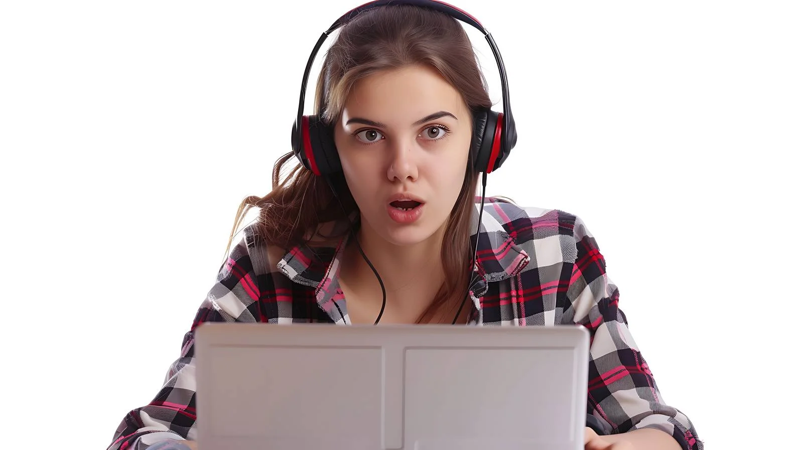 Playful Woman with Earphones Using Computer — free download from Dotvec