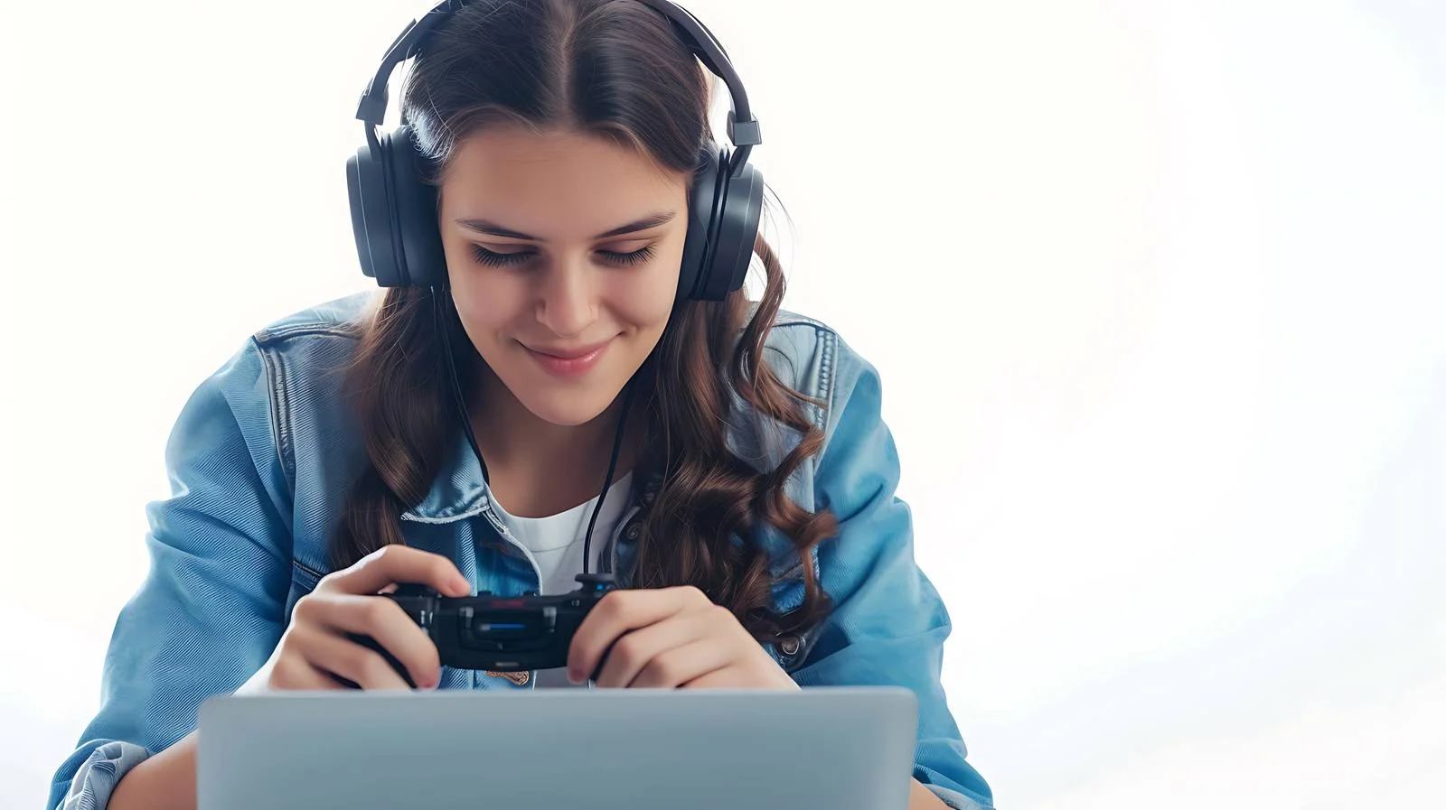 Young Woman Using Computer with Earphones — free download from Dotvec