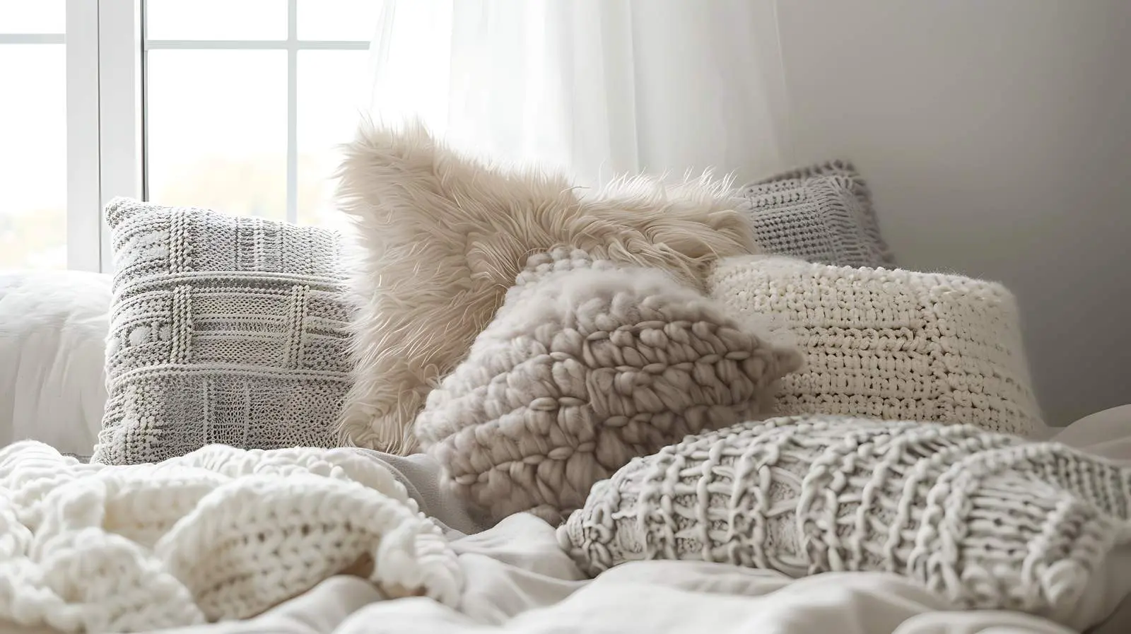 Cozy Fur and Knitted Pillows on Bed – free traditional patterns image from Dotvec