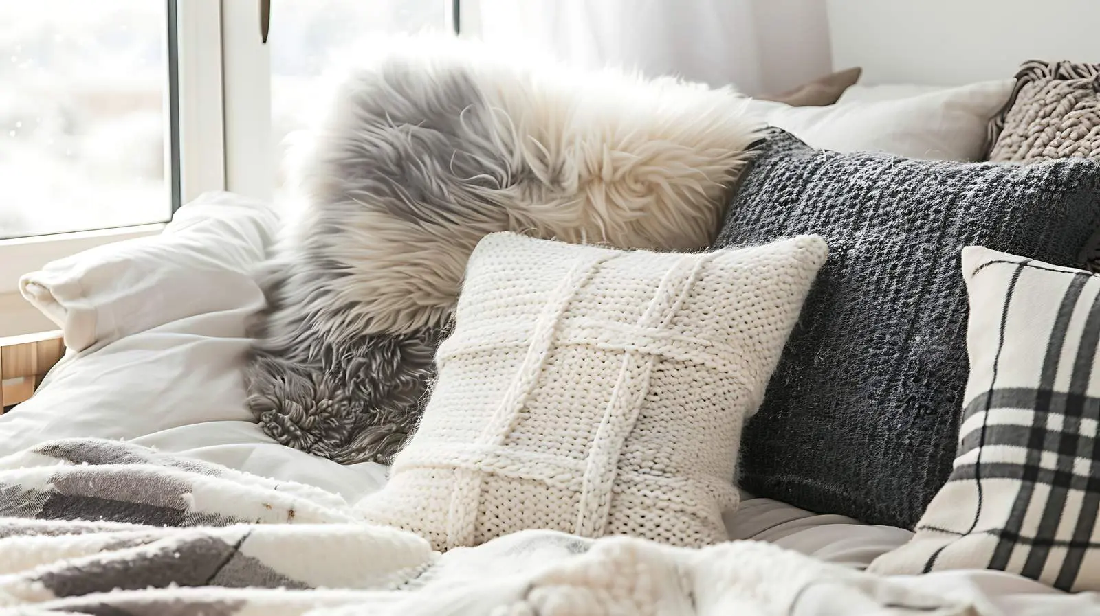 Cozy Fur and Knitted Pillows on Bed — free download from Dotvec