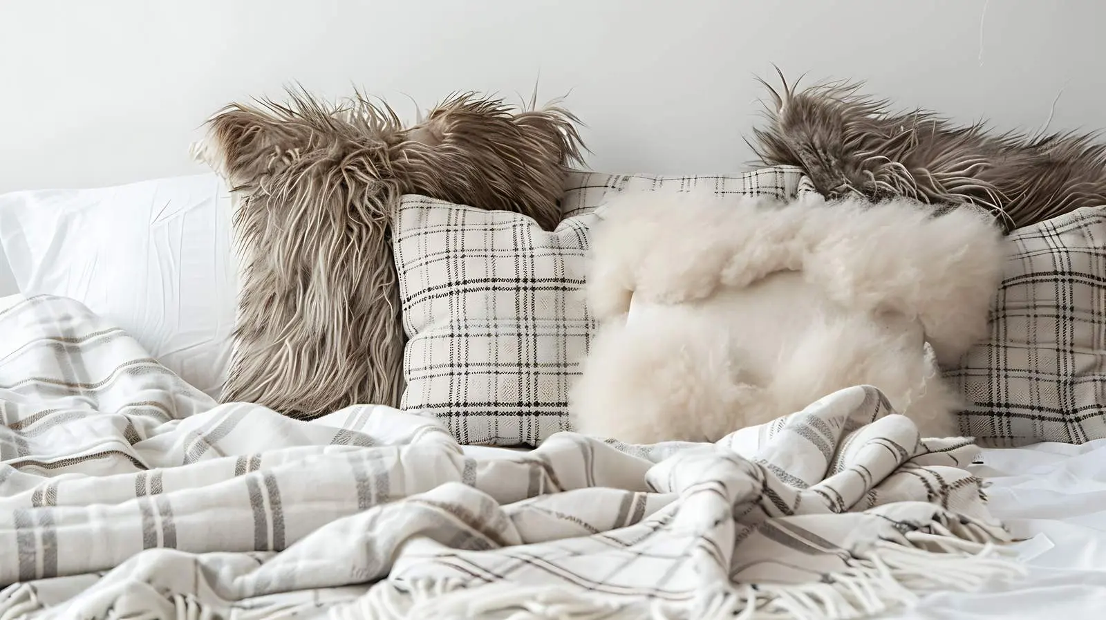 Cozy Fur and Knitted Pillows on Bedcover – free soft furnishings image from Dotvec