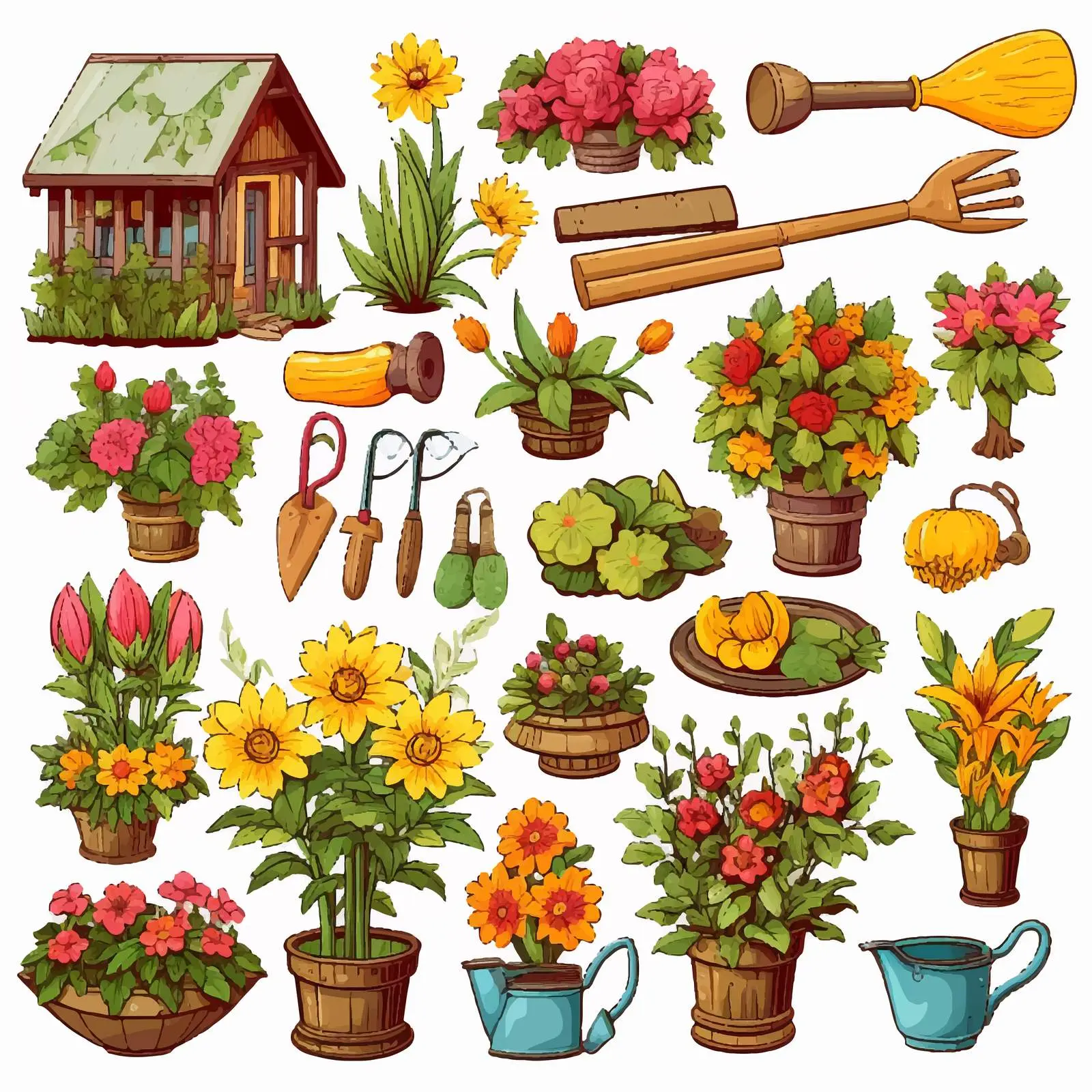 Colorful Garden Objects and Elements Vector Illustration – free landscape elements image from Dotvec