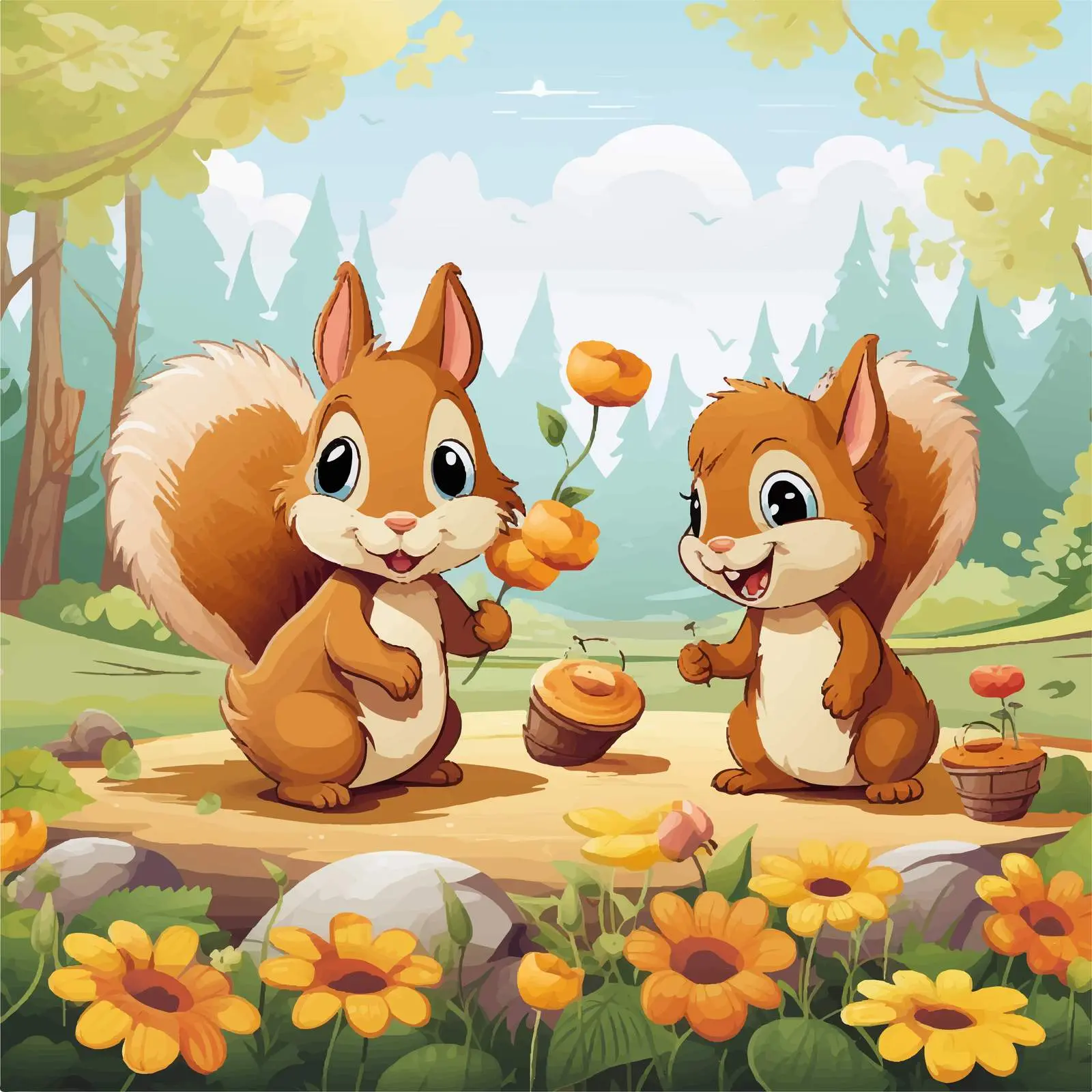 Charming Garden Scene with Cute Squirrels Vector – free squirrels image from Dotvec