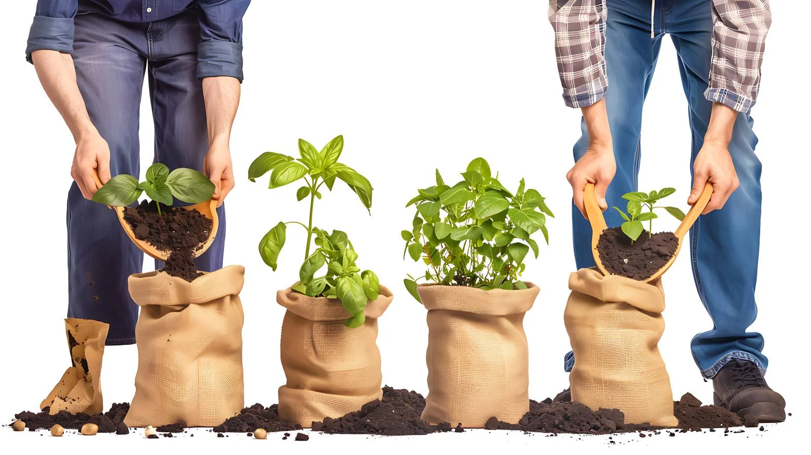 Transferring soil to long pots by gardeners — free download from Dotvec