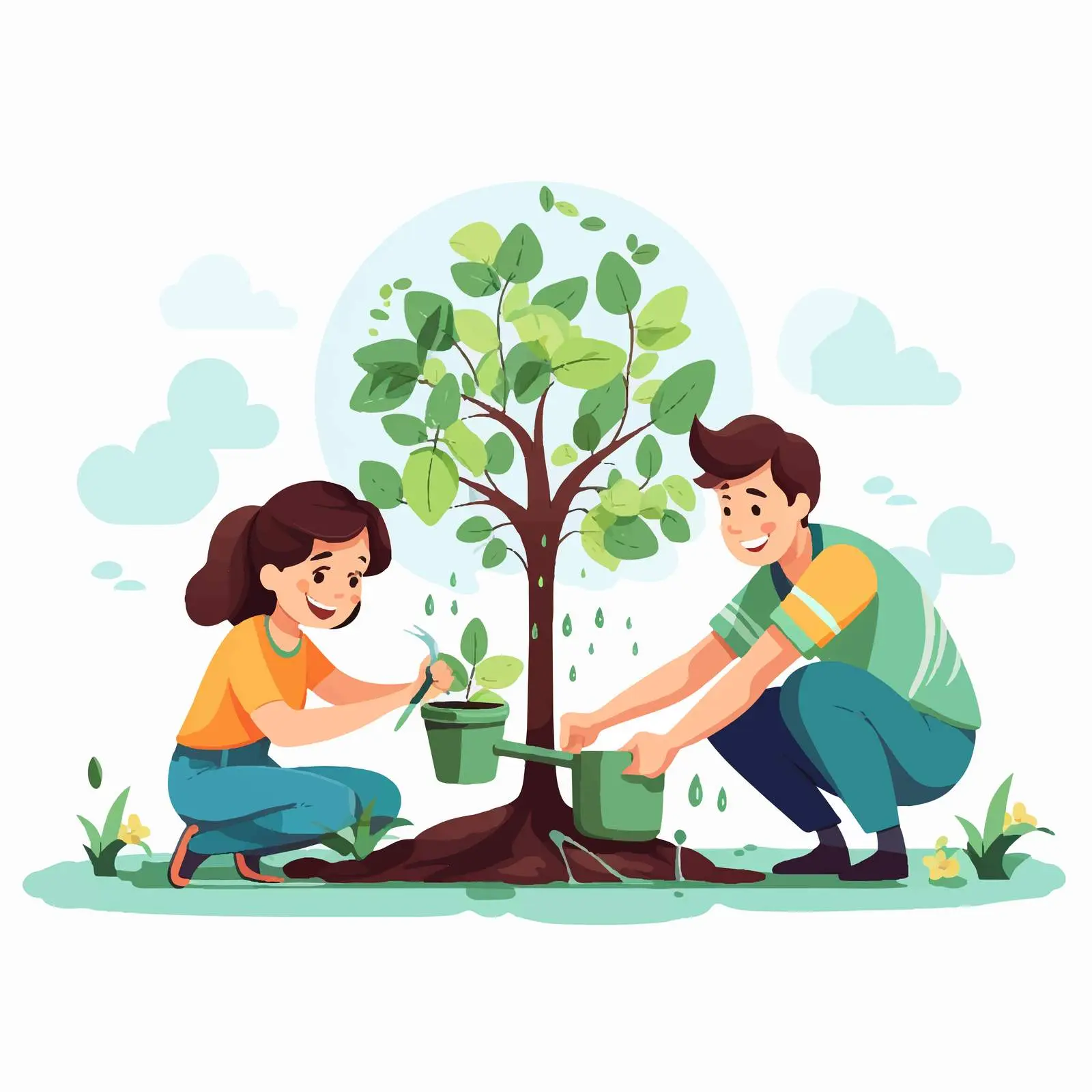 Gardeners Planting and Watering Trees in Garden — free download from Dotvec