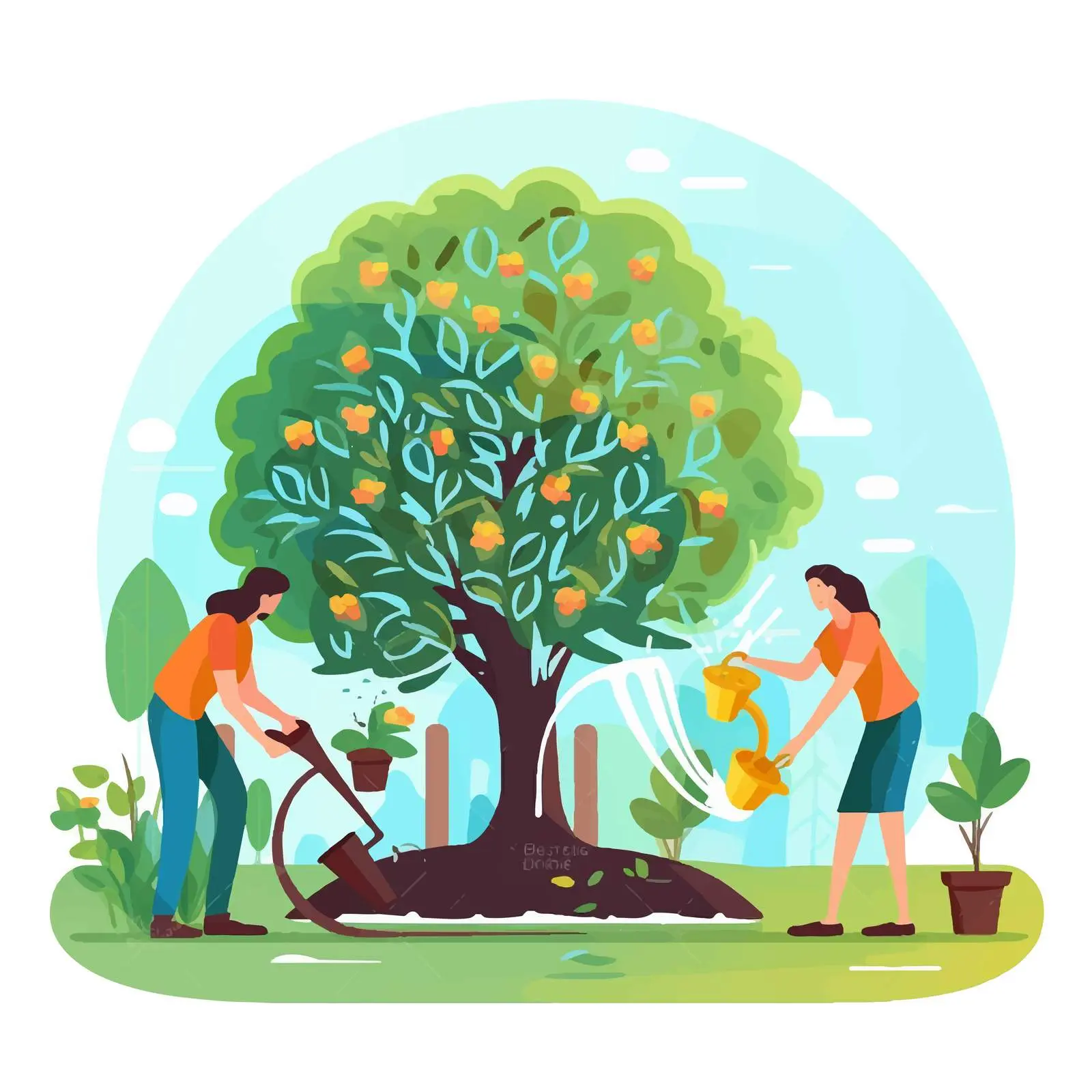 Gardeners Watering and Planting Trees in Garden — free download from Dotvec