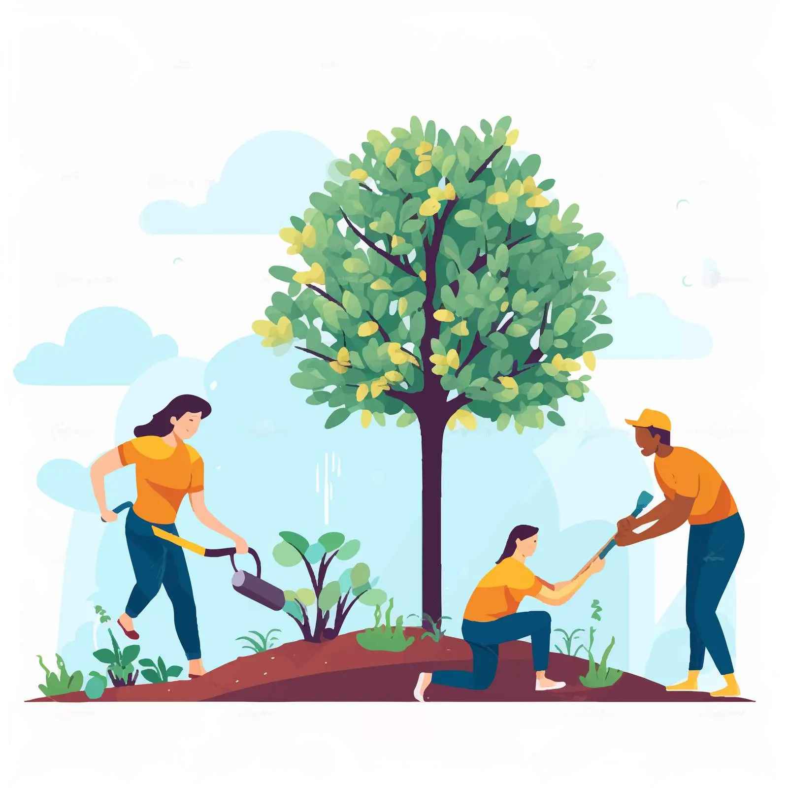 Gardeners Watering and Planting Trees in Garden — free download from Dotvec