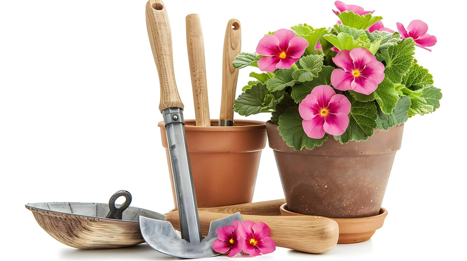 Pink primrose in pot with gardening tools — free download from Dotvec