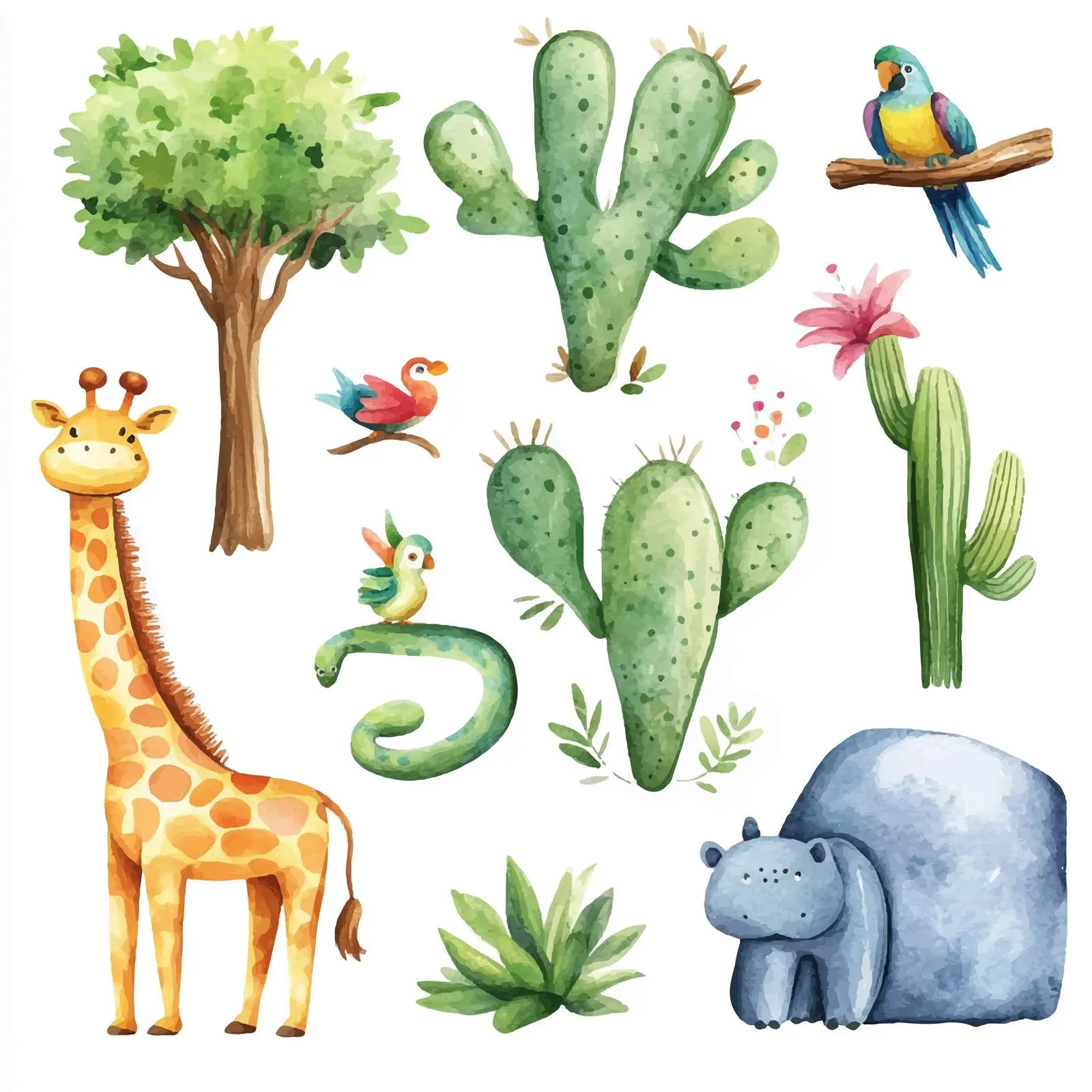 Colorful Wildlife Vector Art with Cacti and Trees — free download from Dotvec