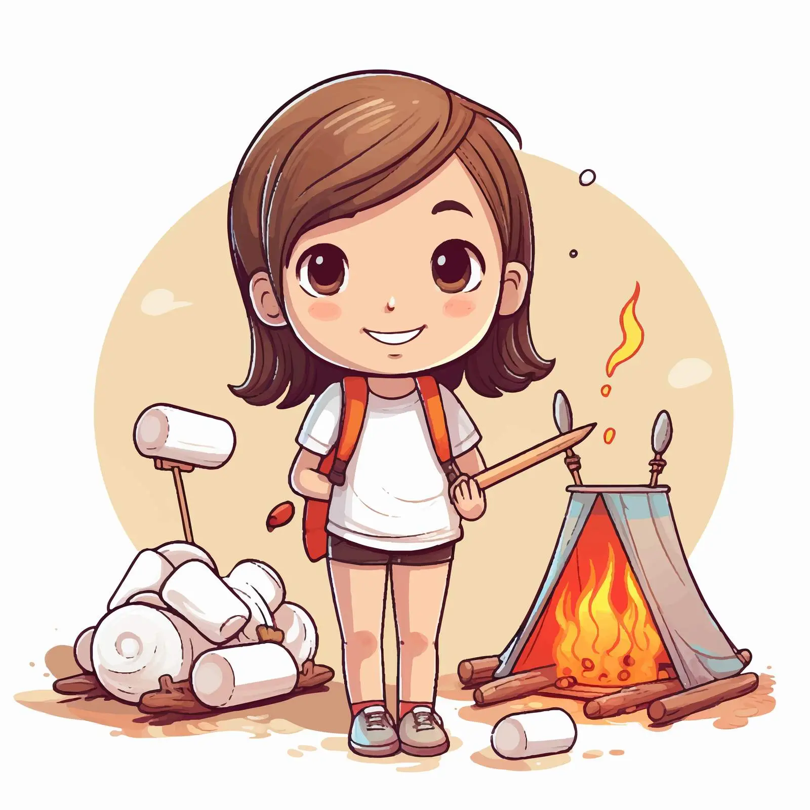 Girl Camping with Marshmallow Stick Illustration — free download from Dotvec