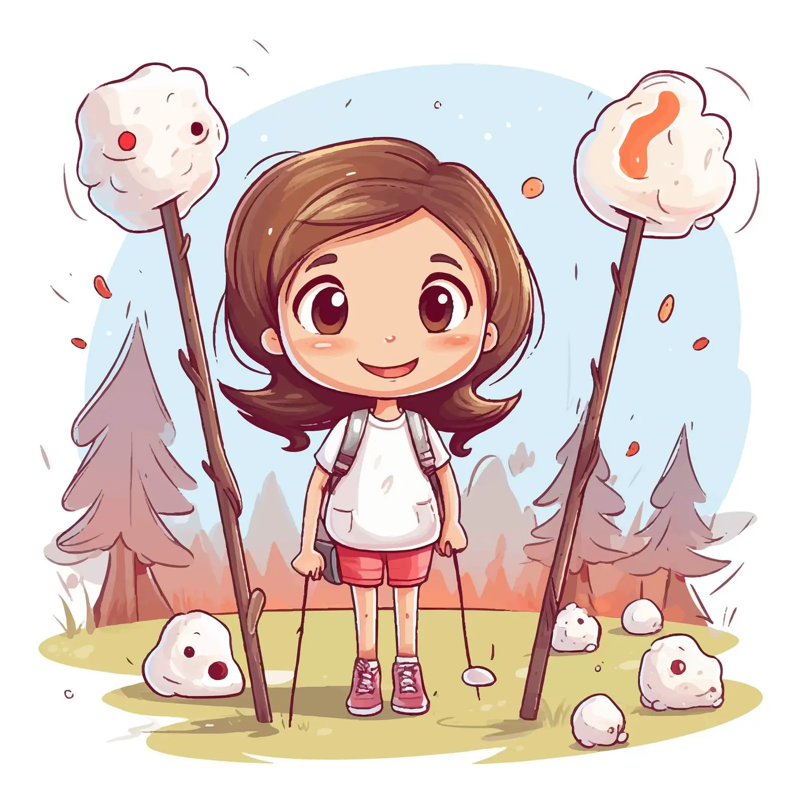 Girl Camping with Marshmallow on Stick Illustration — free download from Dotvec