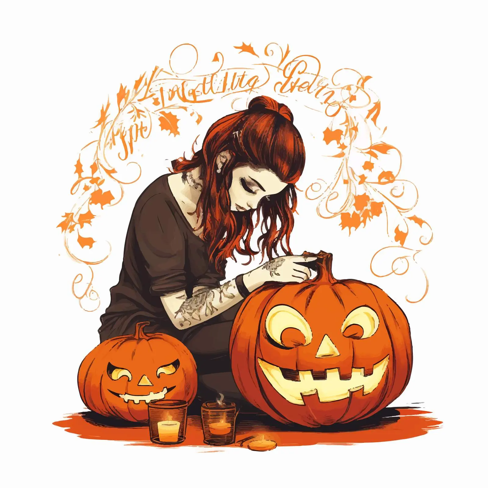 Girl Drawing Tattoo on Pumpkin Illustration — free download from Dotvec