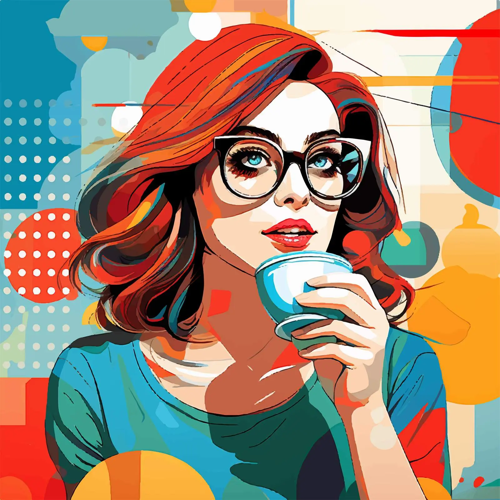 Woman in Glasses Enjoying Tea in Cafe Illustration — free download from Dotvec