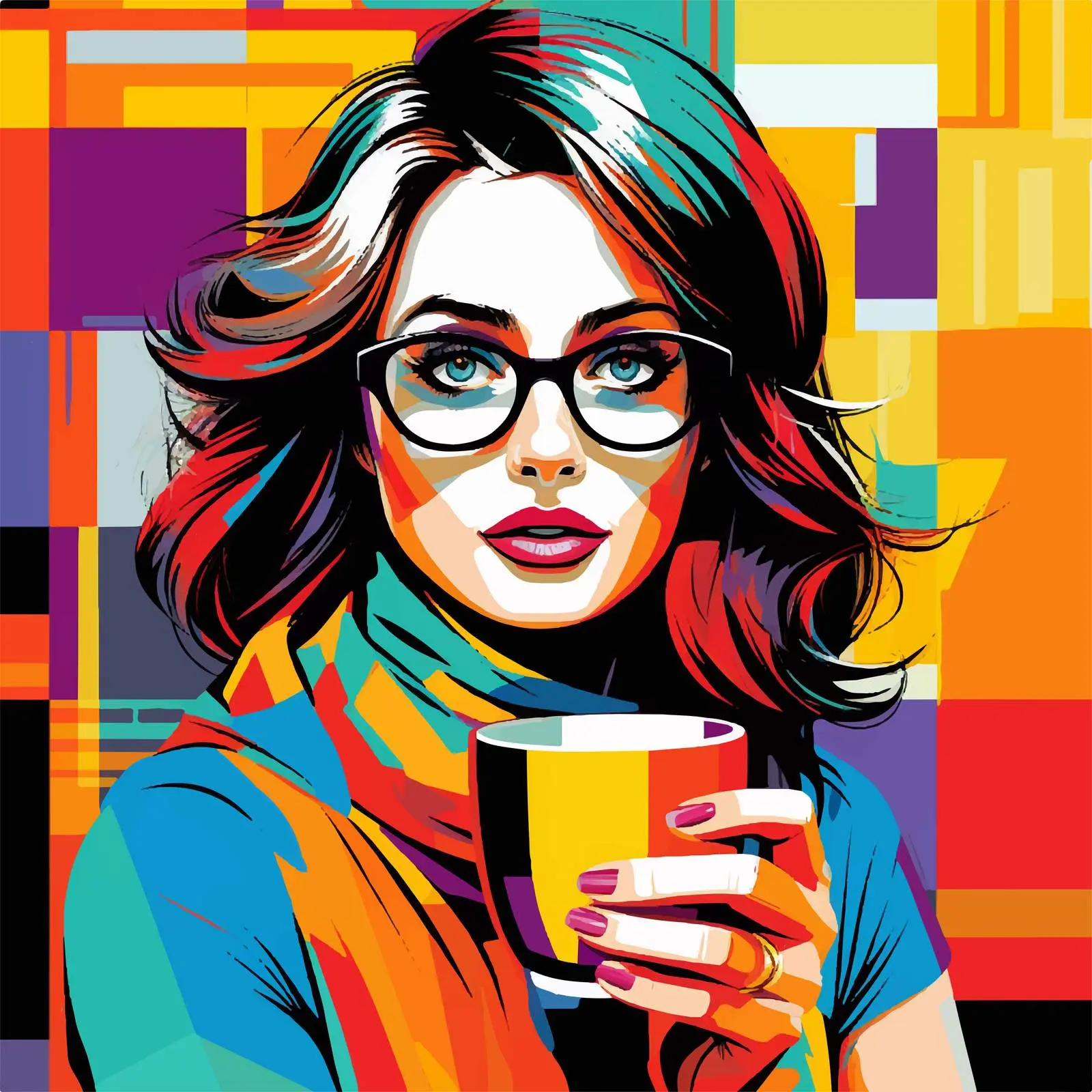Woman in Glasses Enjoying Tea in Cafe Illustration — free download from Dotvec