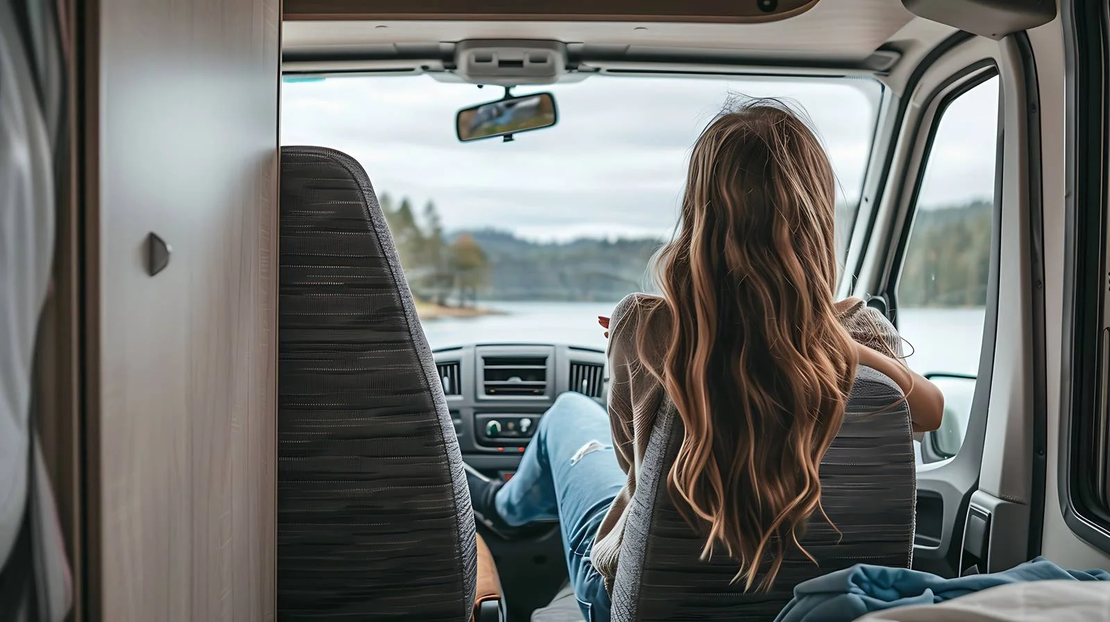 Contemplative girl in motorhome window — free download from Dotvec