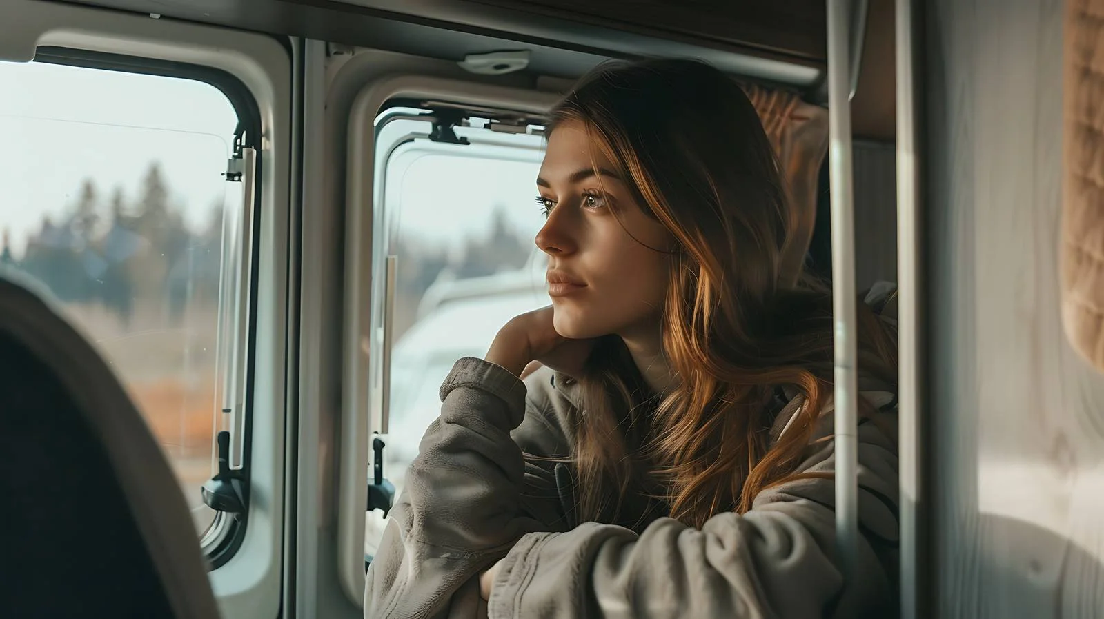 Contemplative girl in vehicle window view — free download from Dotvec