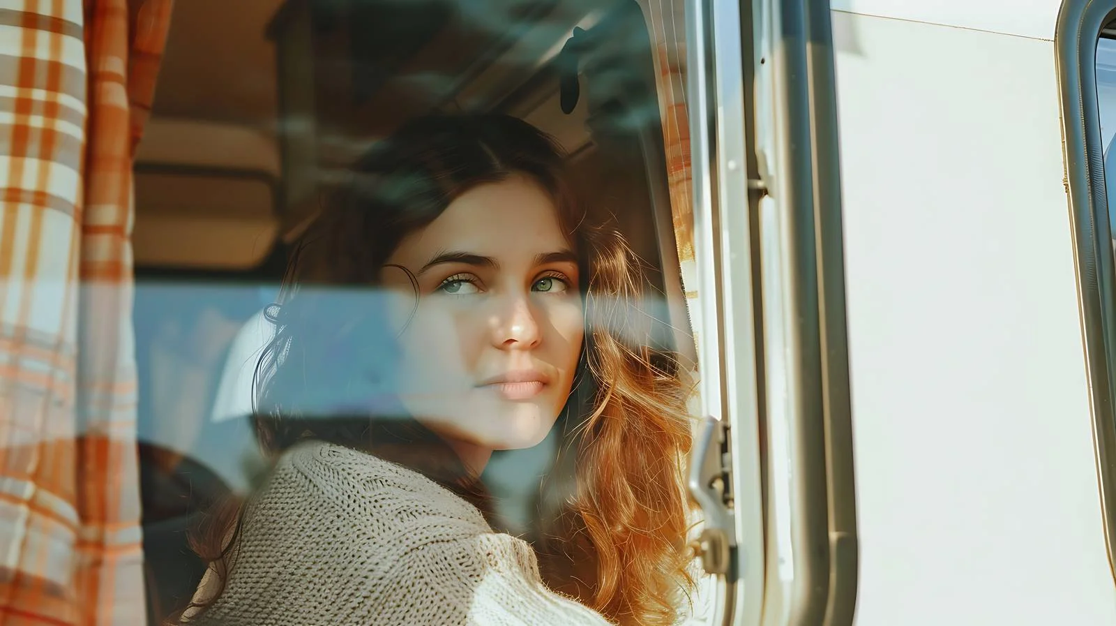 Contemplative girl in motorhome window — free download from Dotvec