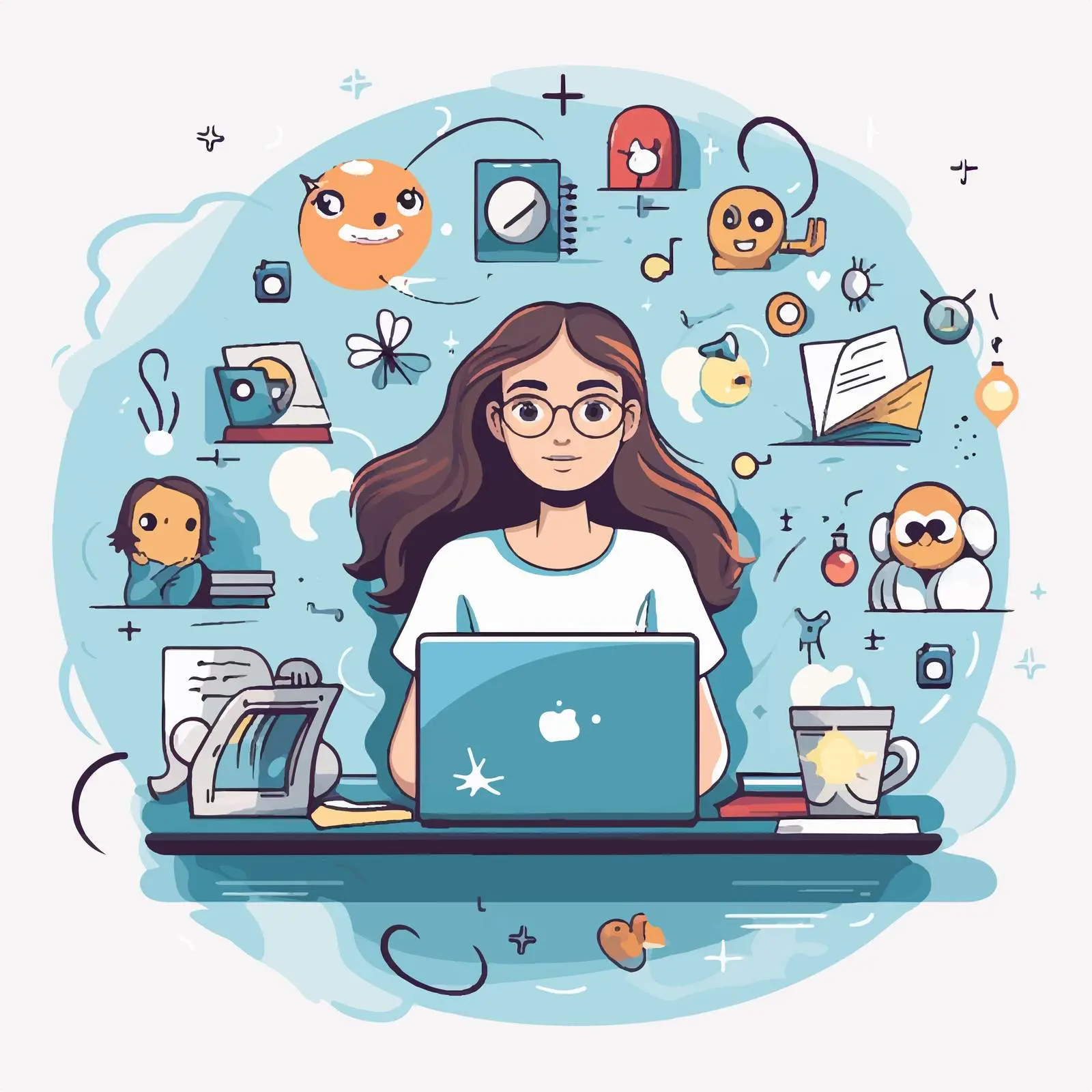 Girl Using Laptop Surrounded by Educational Icons – free virtual classroom image from Dotvec