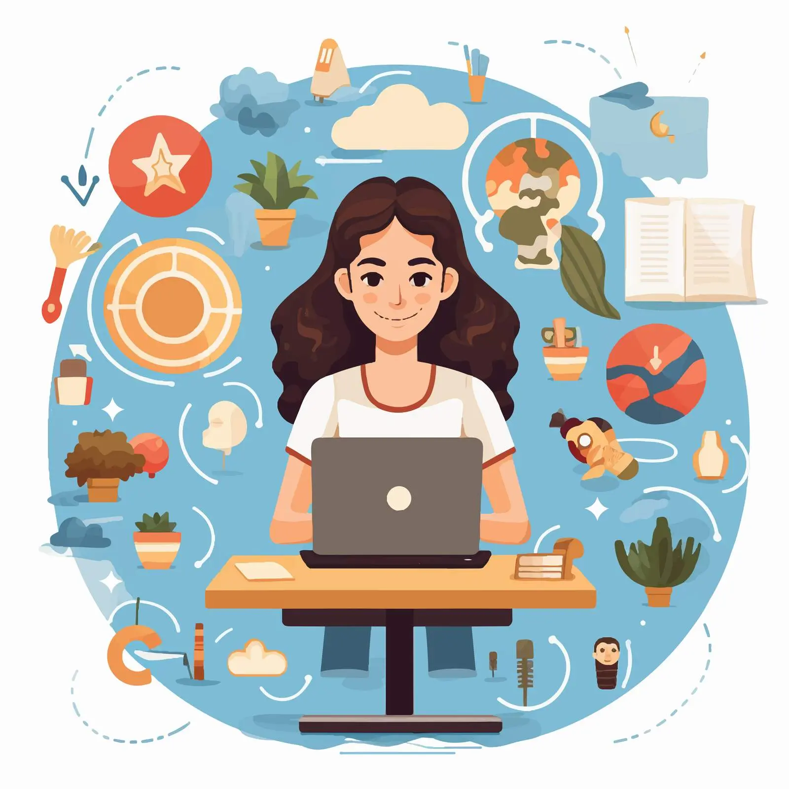 Girl Using Laptop Surrounded by Education Icons — free download from Dotvec