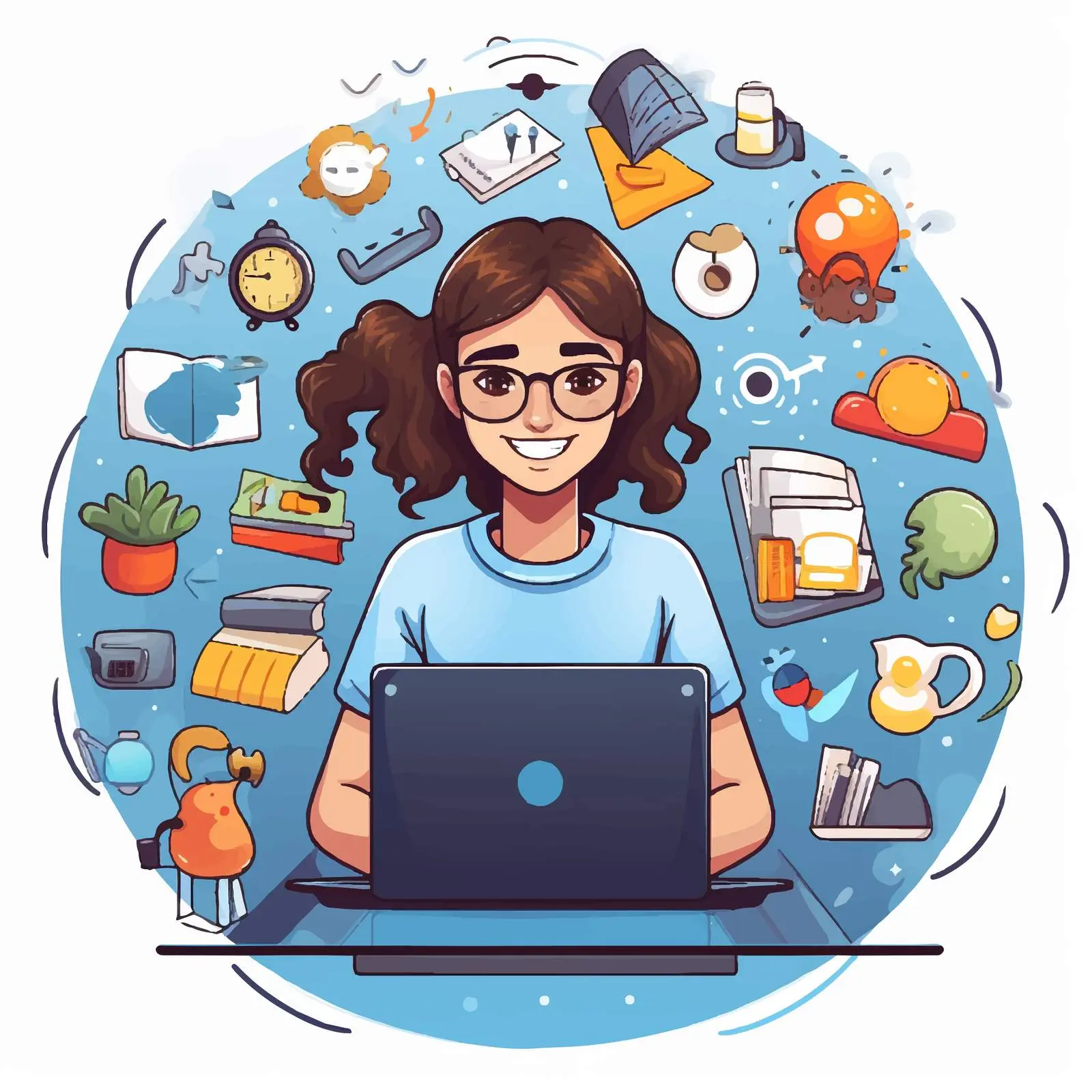Girl Using Laptop with Educational Icons Vector — free download from Dotvec