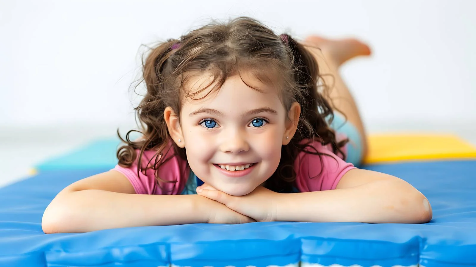 Cheerful girl resting on yoga mat — free download from Dotvec