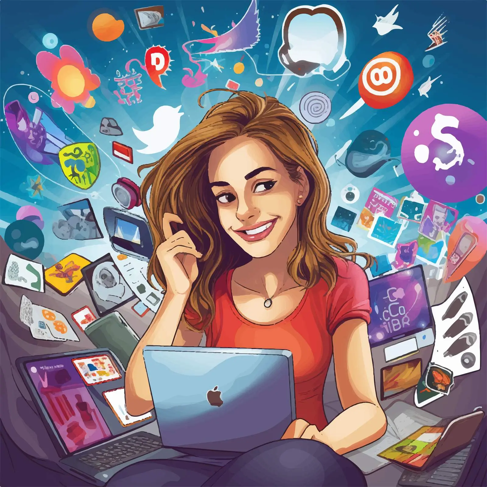 Girl Surrounded by Social Media Icons Vector — free download from Dotvec