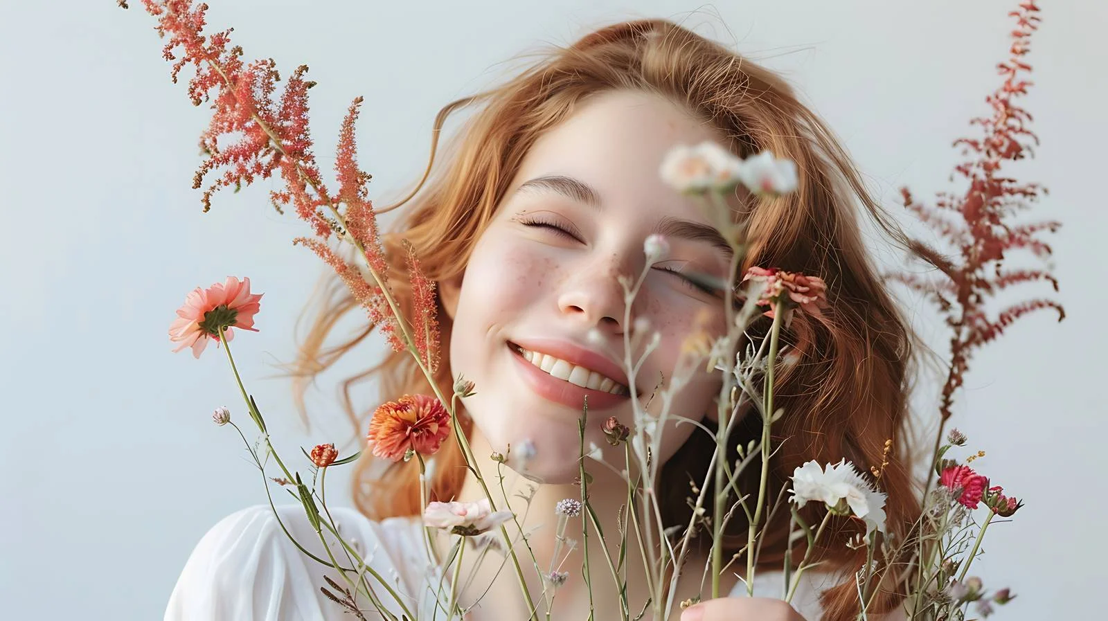 Elegant Girl Holding Artificial Flowers on Gray — free download from Dotvec