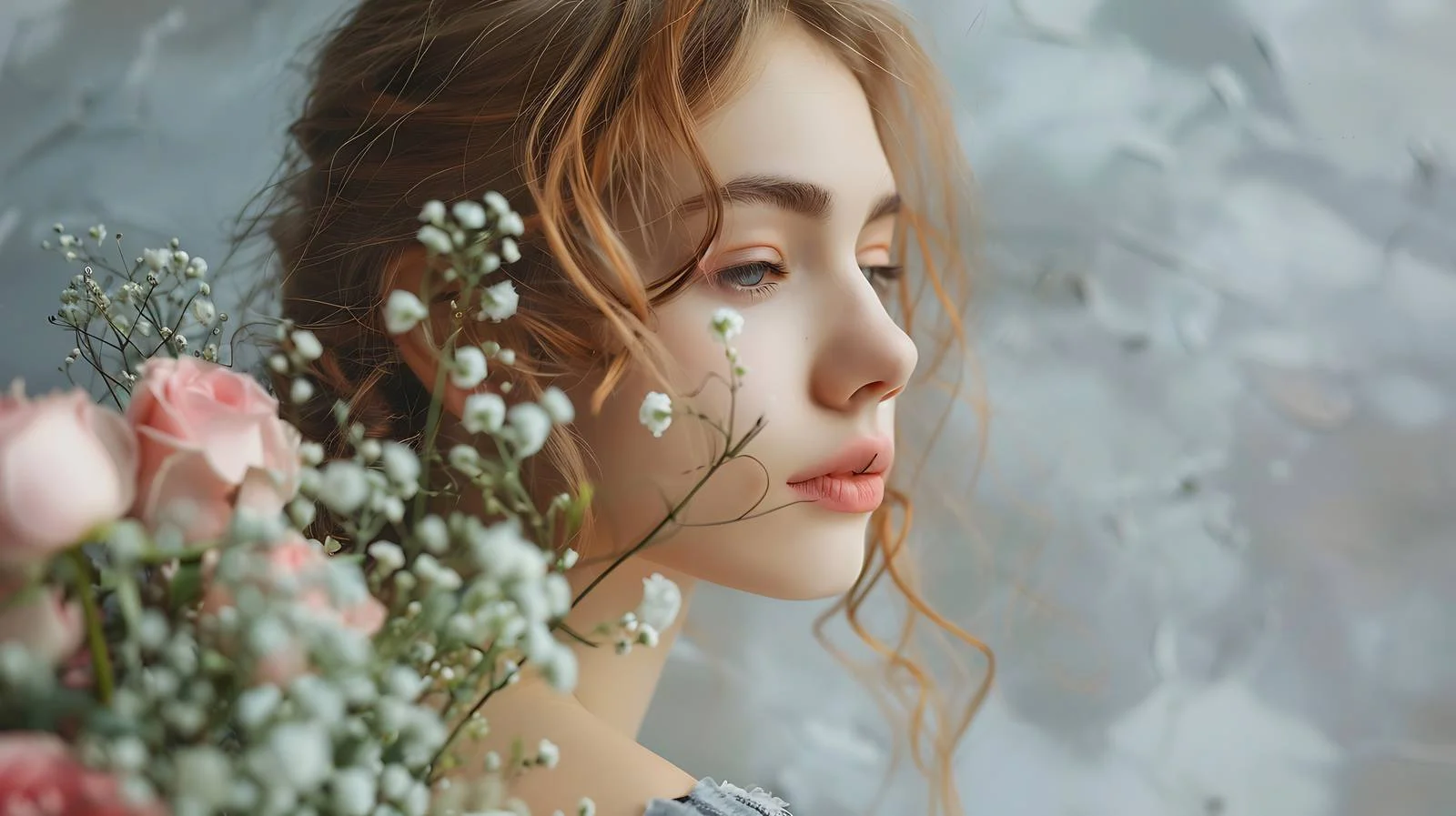 Elegant Girl Holding Bouquet on Gray — free download from Dotvec