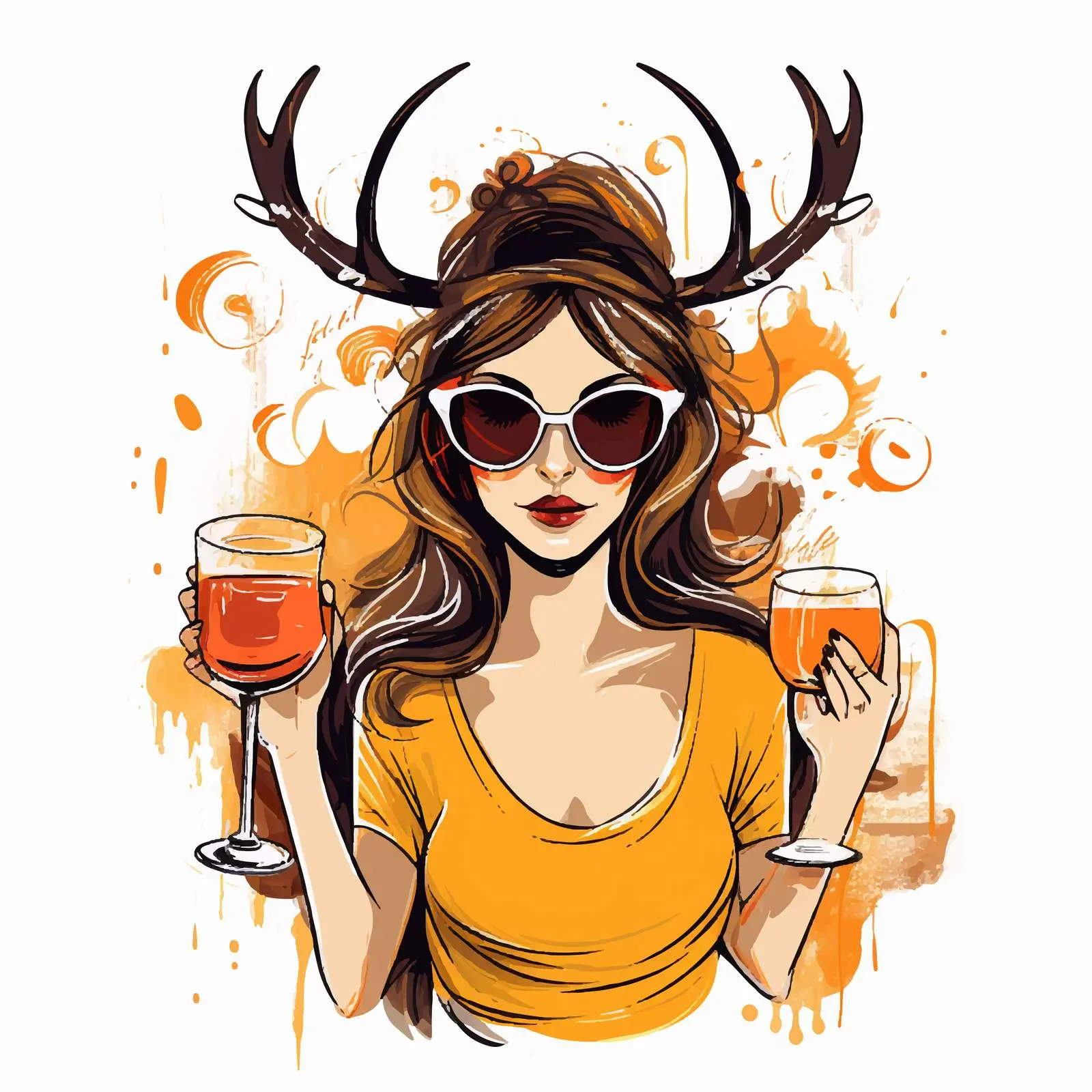 Girl with Drink and Deer Horns Vector Art — free download from Dotvec