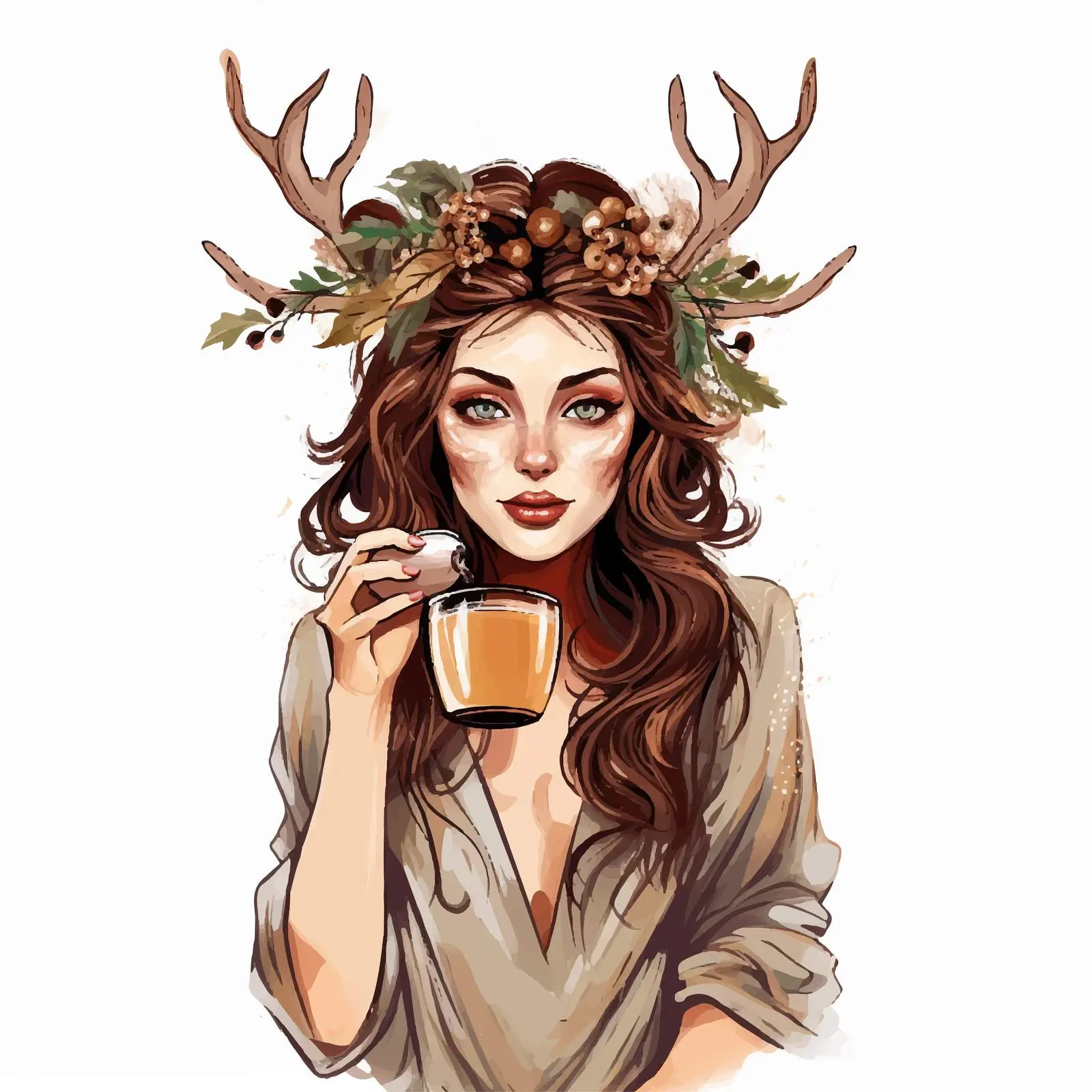 Girl with Drink and Deer Horns Vector Art — free download from Dotvec