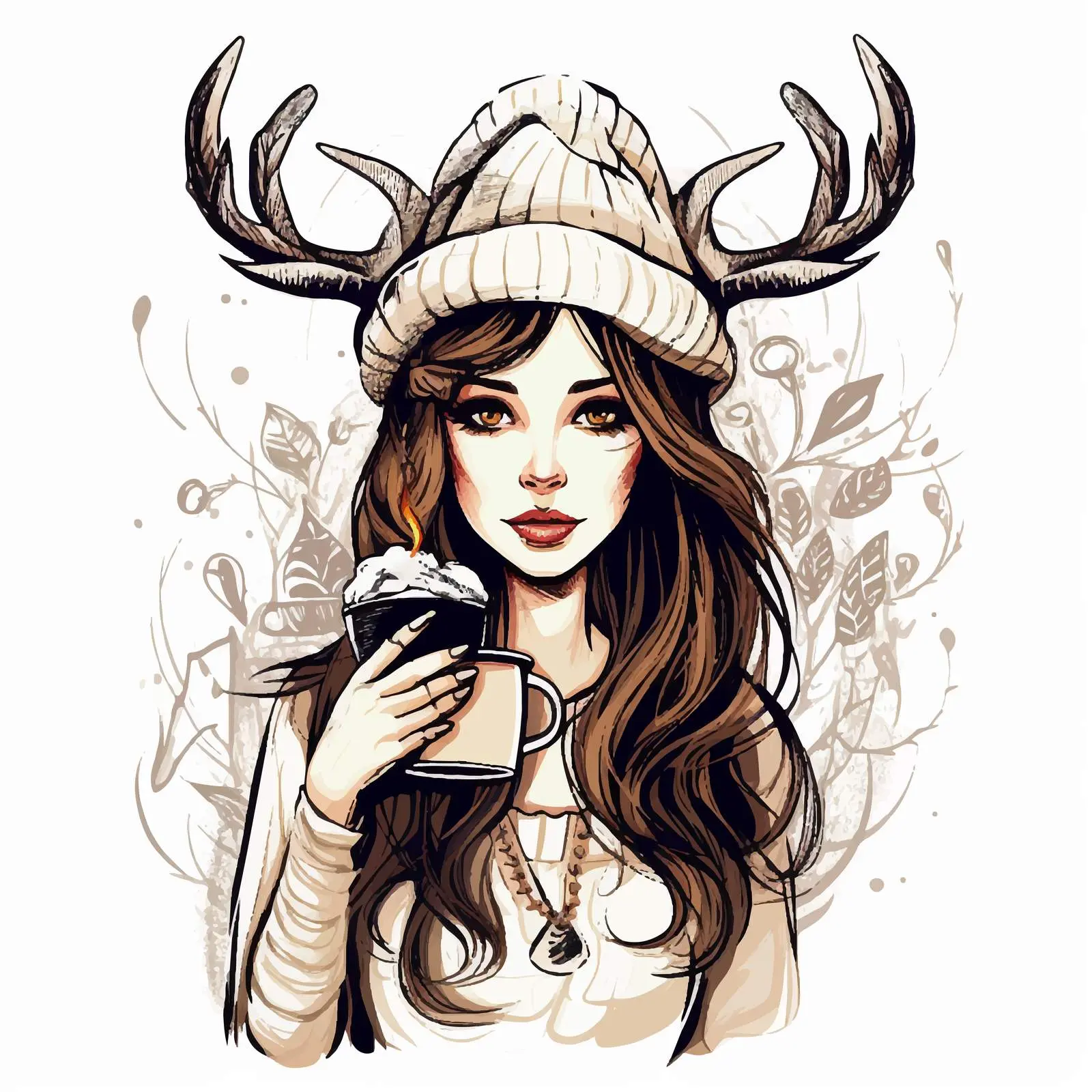 Whimsical Girl with Drink and Deer Antlers — free download from Dotvec