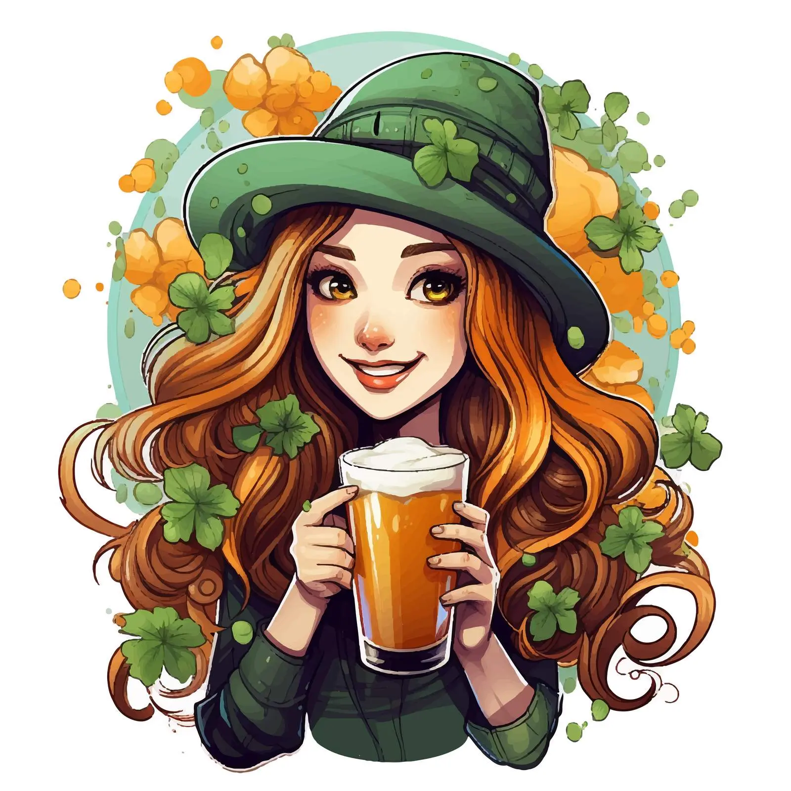 Girl with Clover and Beer Holiday Card – free luck image from Dotvec