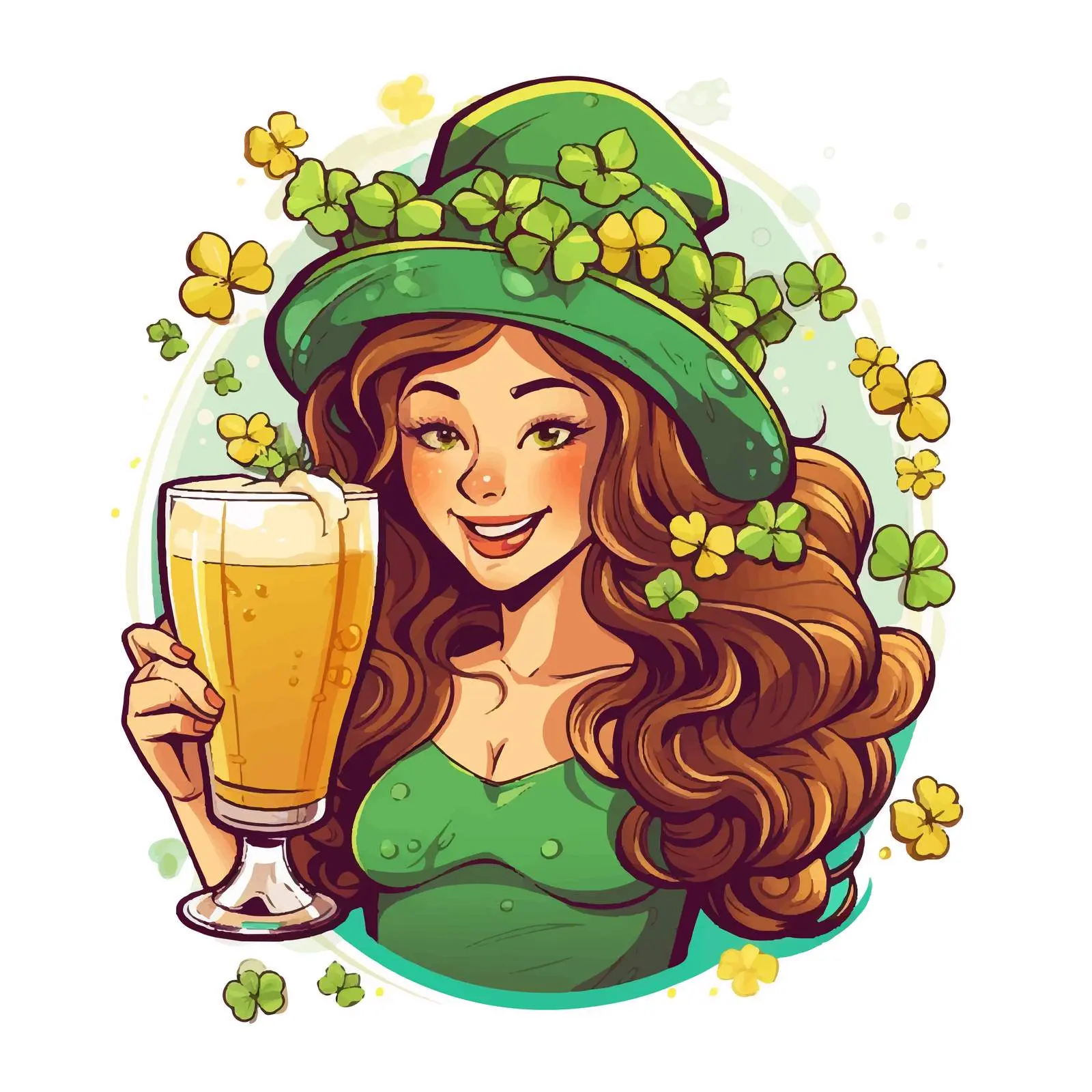 Girl with Clover and Beer Holiday Card – free luck image from Dotvec