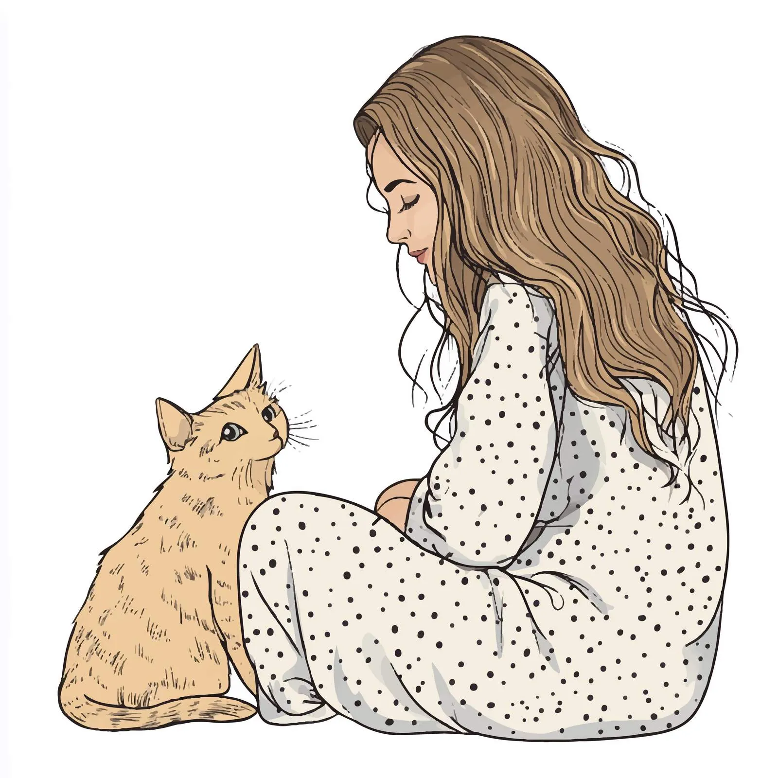 Girl in Dotted Pajamas with Long Loose Hair — free download from Dotvec