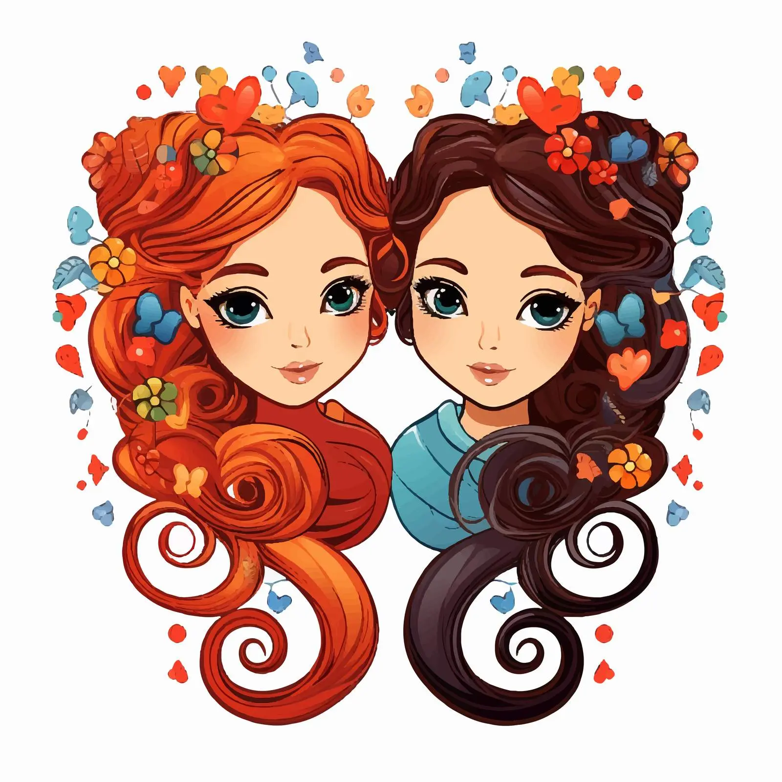 Cartoon Girls Braiding Hair - Gemini Zodiac Decor — free download from Dotvec