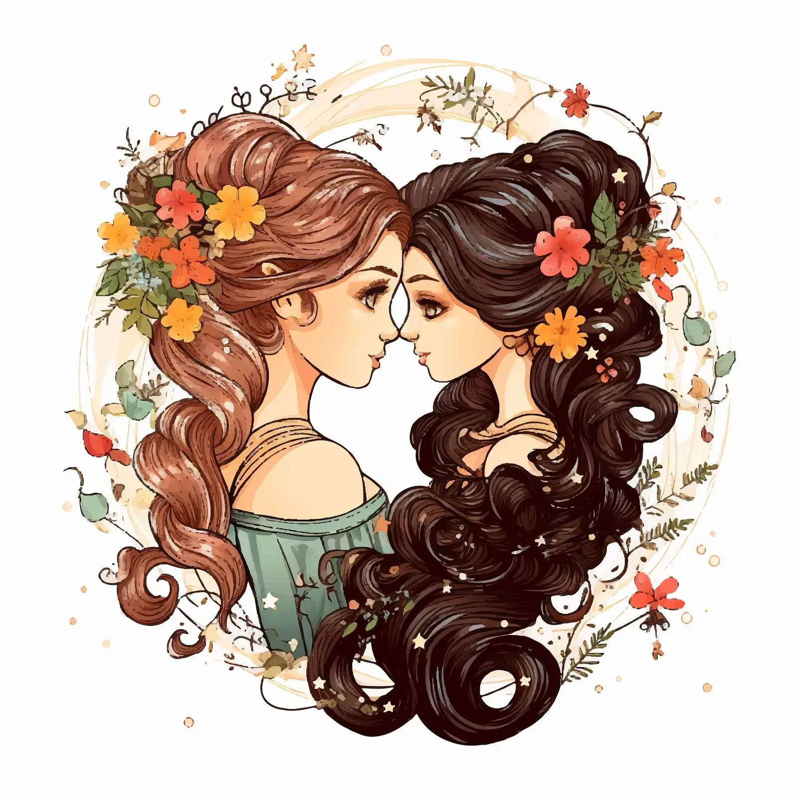 Cartoon Girls Braiding Hair Gemini Zodiac Decoration – free twin image from Dotvec