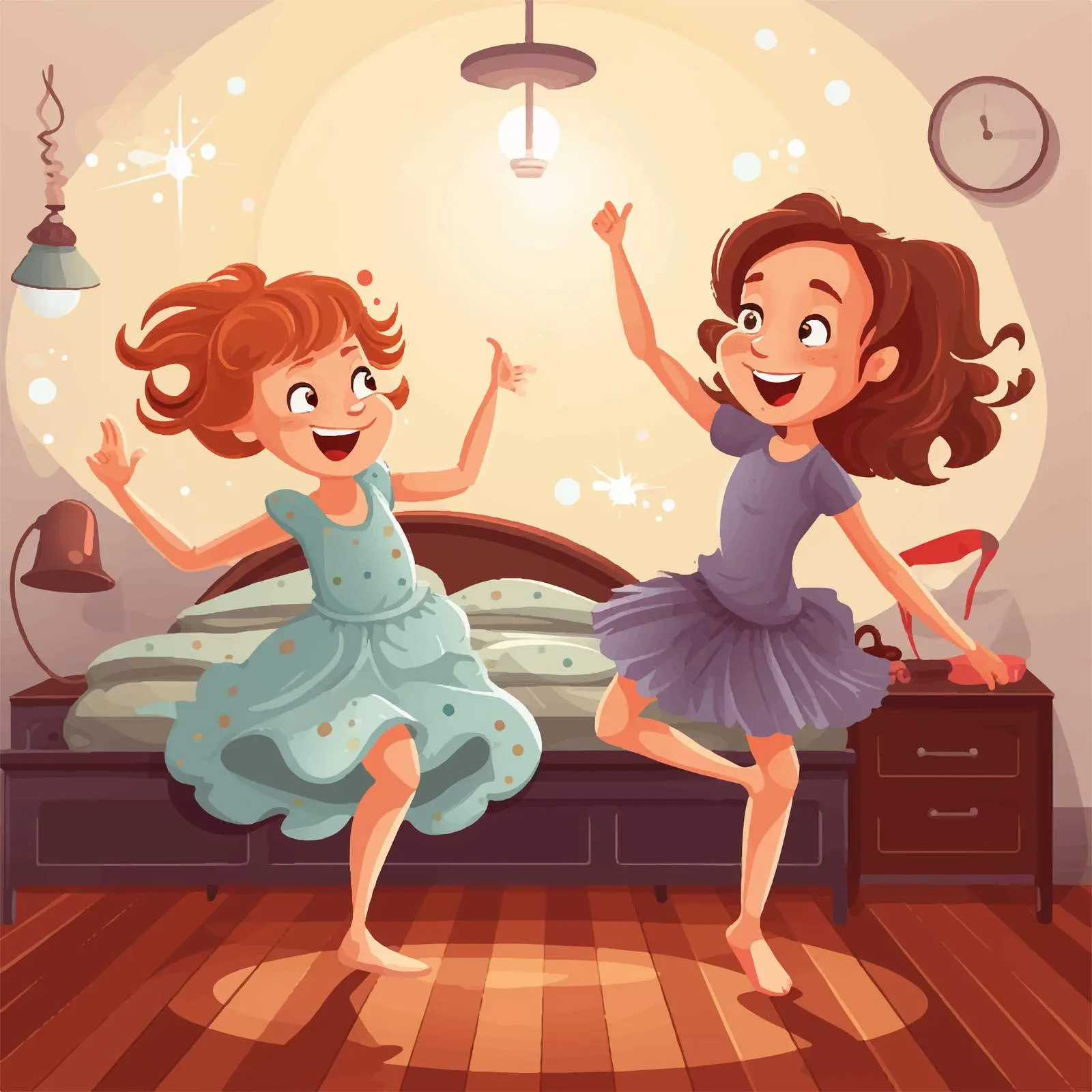 Girls Dancing in a Bedroom - Cartoon Vector — free download from Dotvec