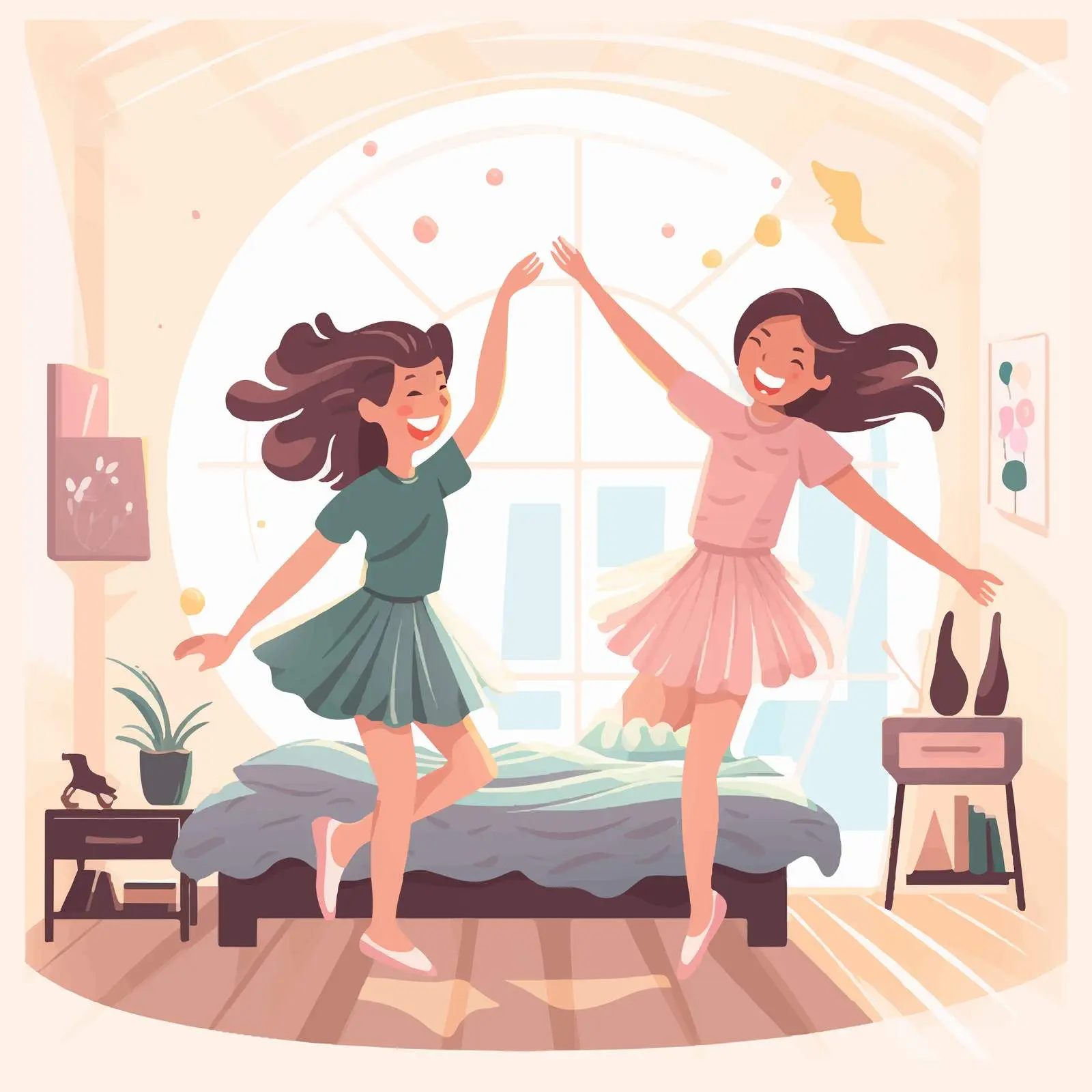 Girls Dancing in a Bedroom Vector Illustration — free download from Dotvec