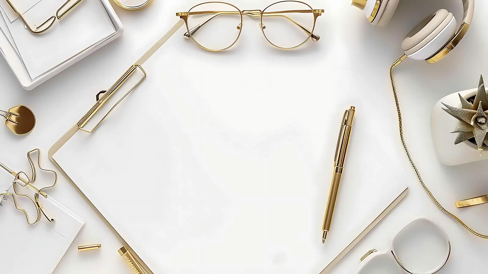Gold Accessories: Glasses, Clipboard, Headphones on White — free download from Dotvec