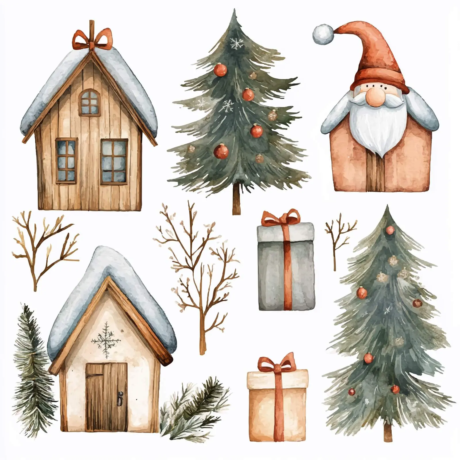 Minimalistic Watercolor Gnome with Trees and Houses — free download from Dotvec