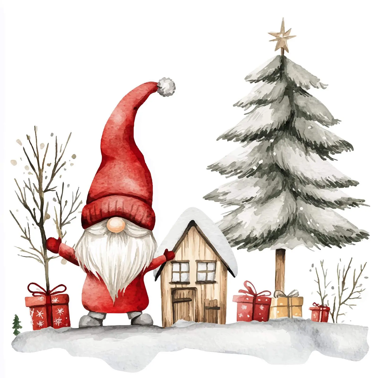 Minimalistic Watercolor Gnome and Tree Design — free download from Dotvec