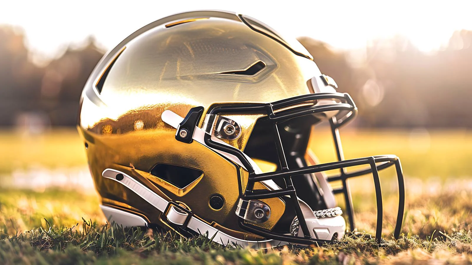 Shiny Gold Football Helmet on Field View — free download from Dotvec