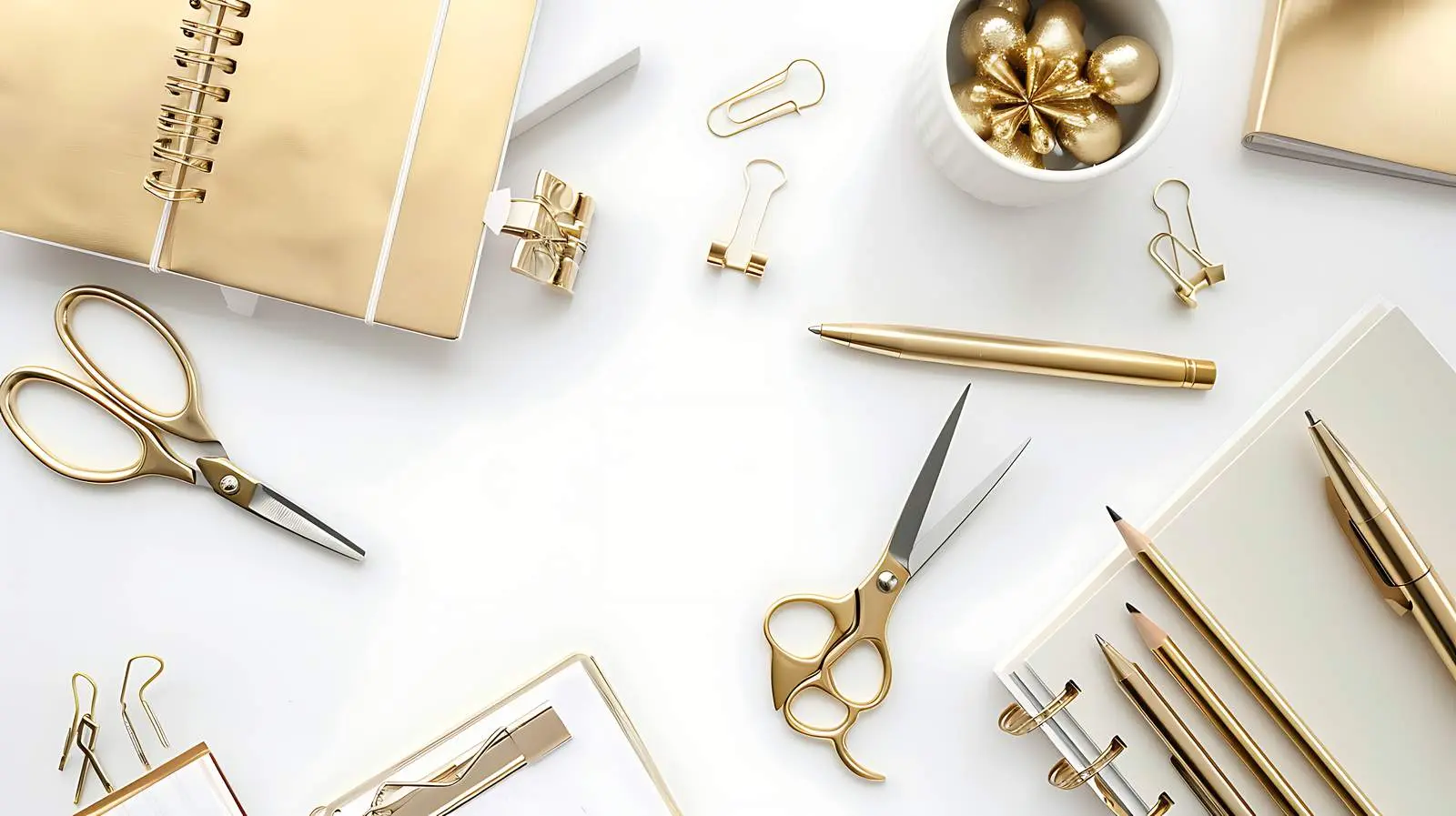 Modern Gold Home Office Desk with Notebook and Scissors — free download from Dotvec