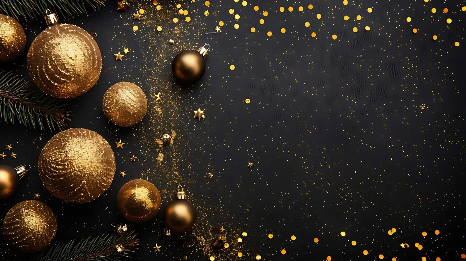 Golden Confetti and Christmas Tree Balls on Black — free download from Dotvec