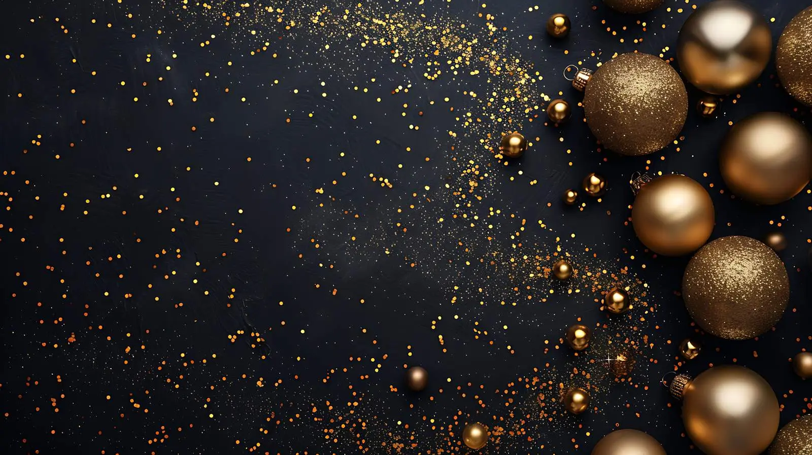 Golden Confetti and Christmas Tree Balls on Black – free confetti image from Dotvec