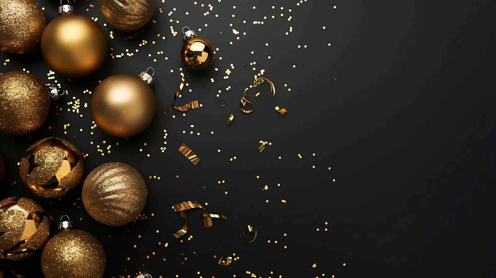 Golden Confetti and Christmas Tree Balls on Black — free download from Dotvec