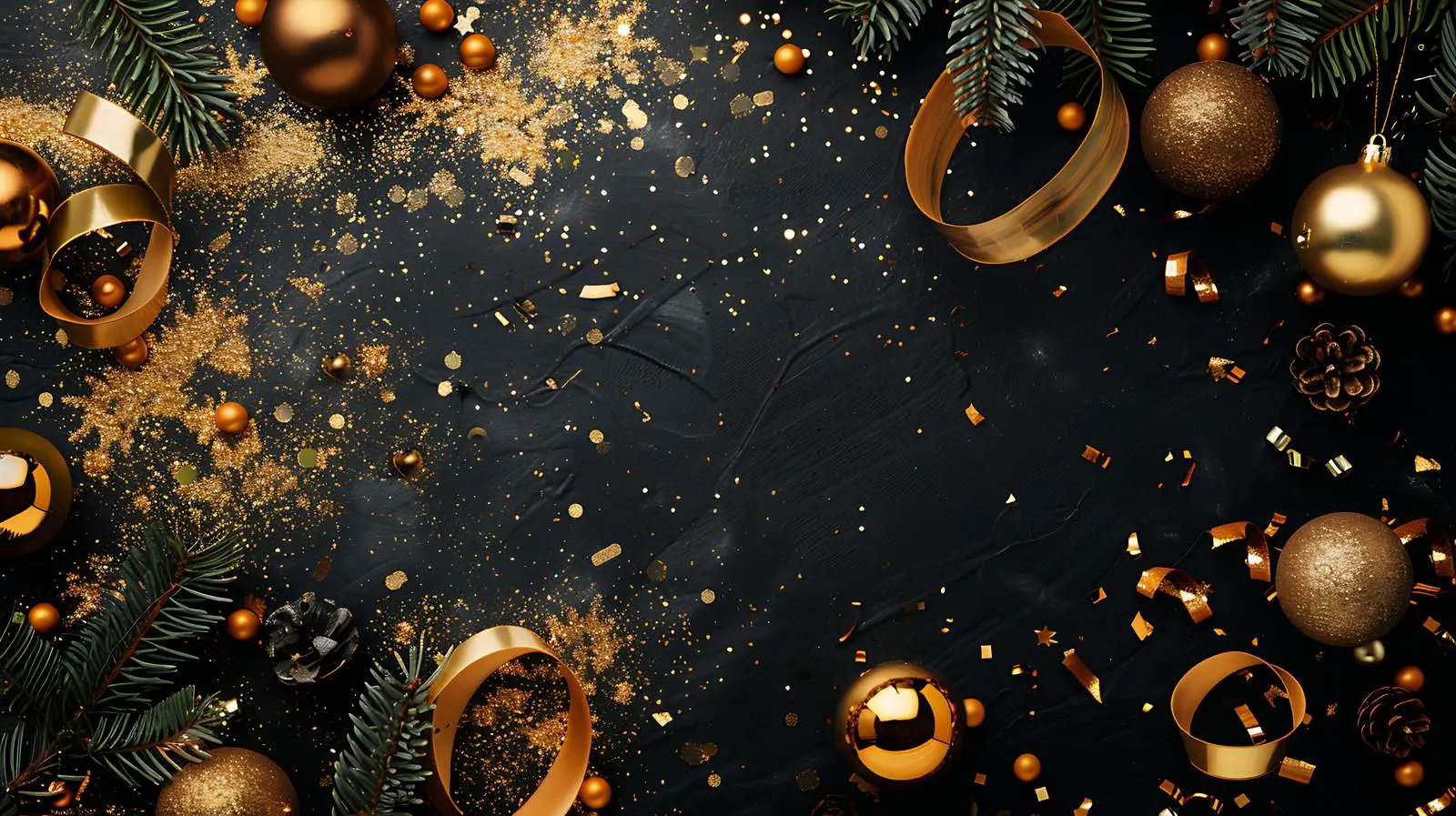 Golden Confetti and Christmas Tree Balls on Black Background – free confetti image from Dotvec