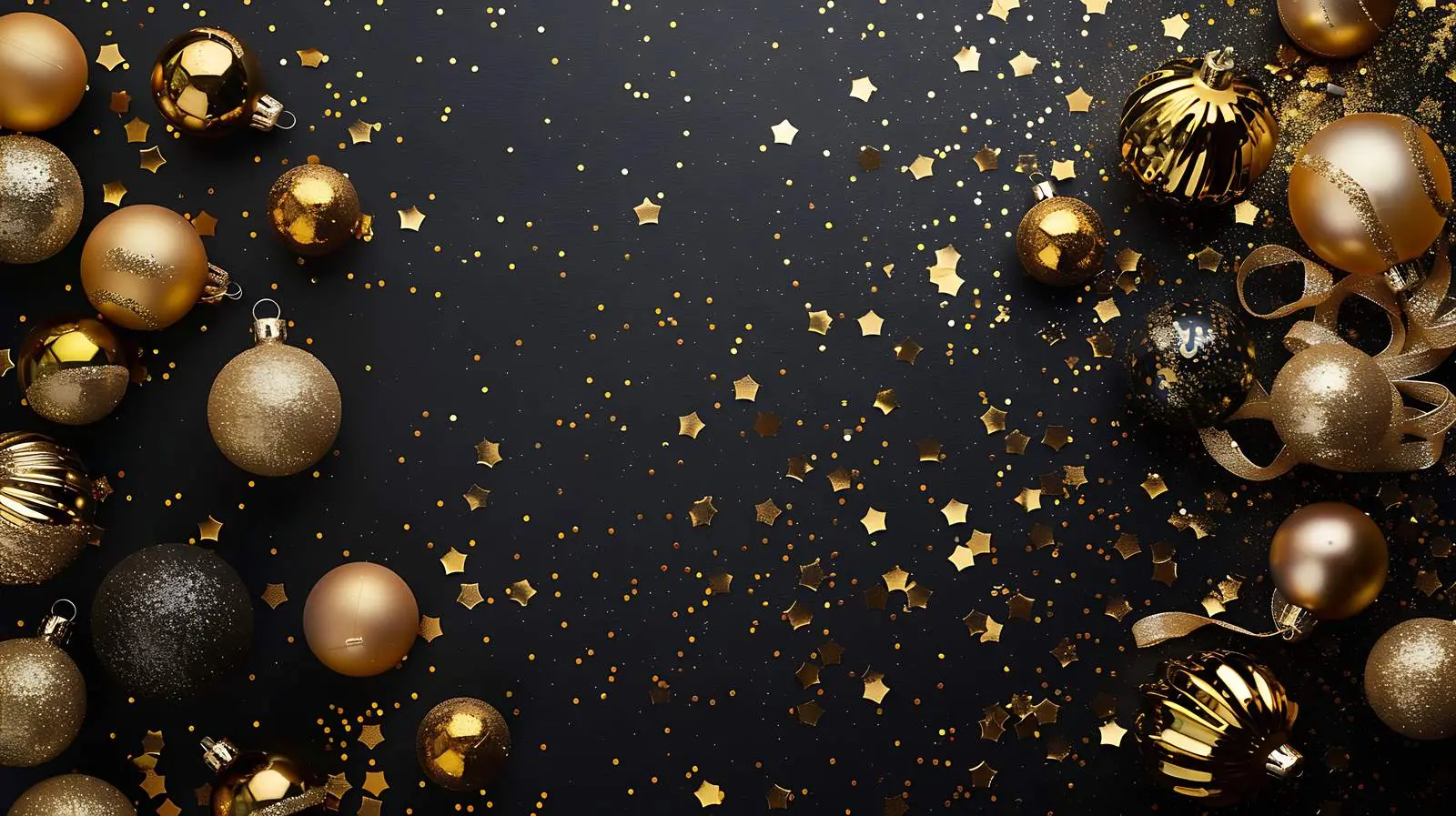 Golden Confetti and Christmas Tree Balls on Black Background — free download from Dotvec