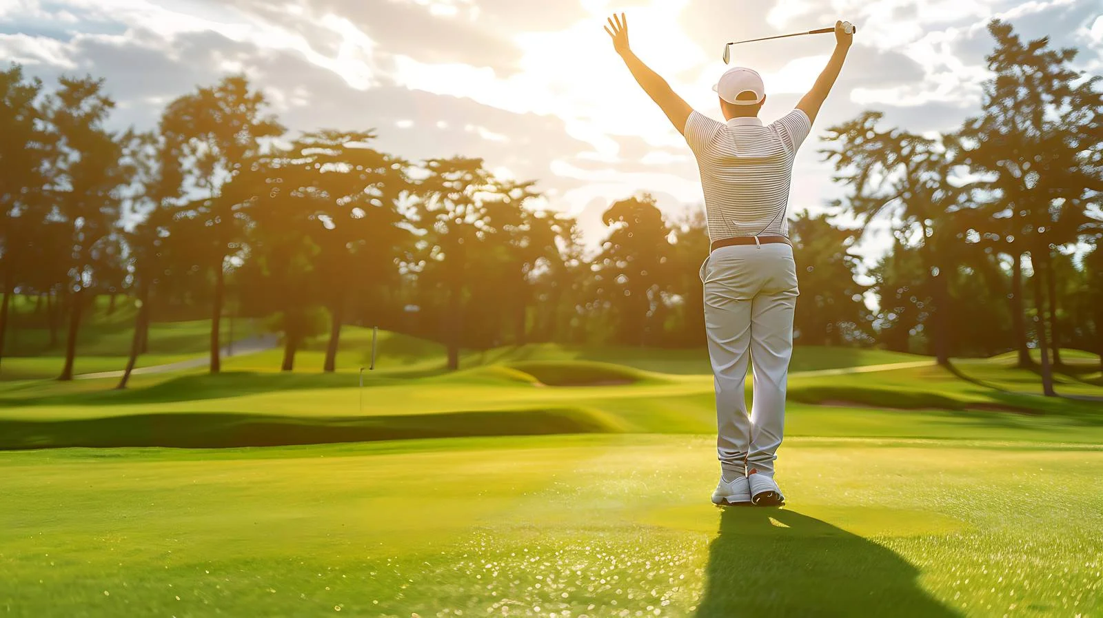 Golfer triumphantly sinks putt on pristine green — free download from Dotvec