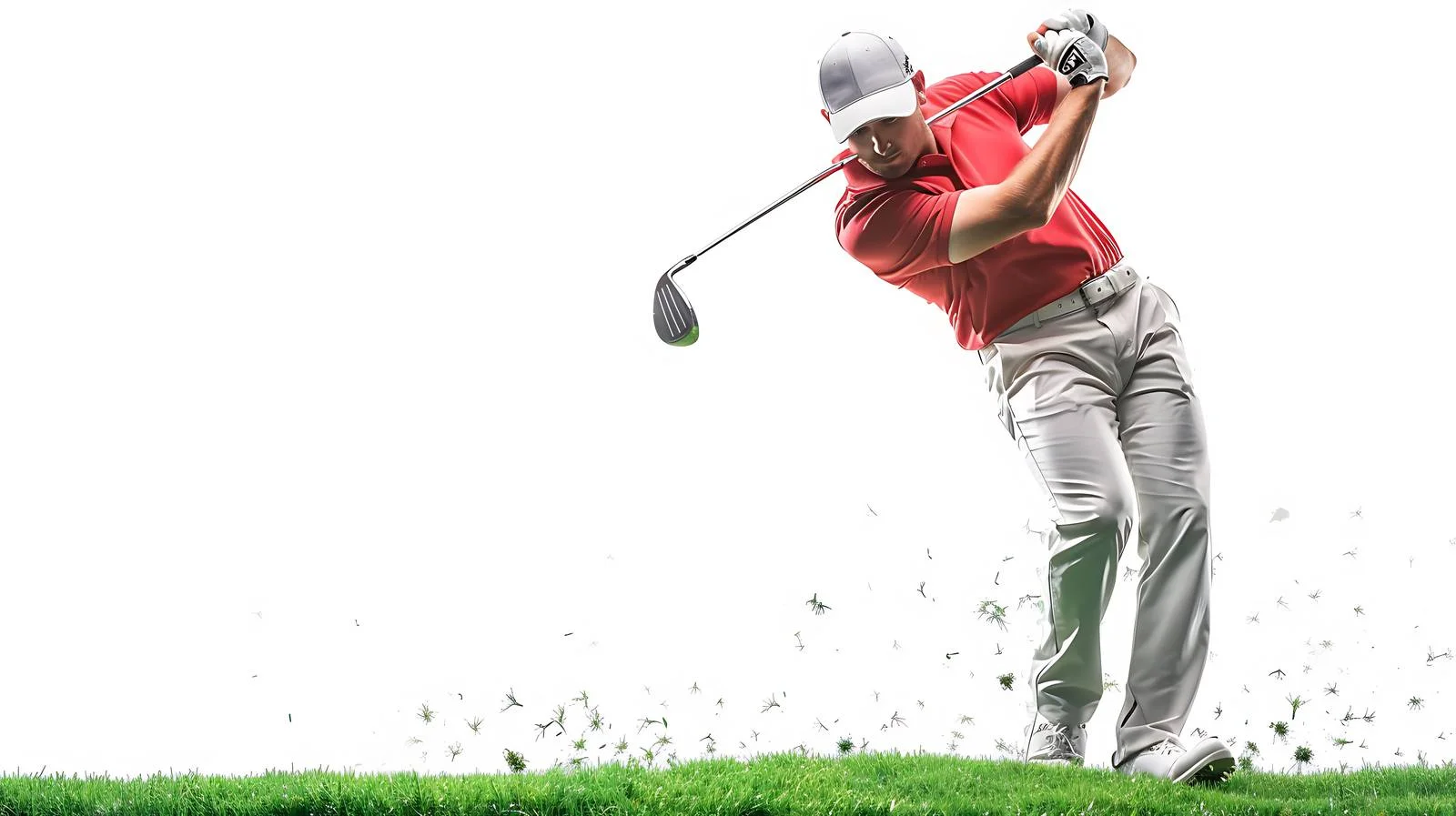 Golfer swinging on blurred white golf course — free download from Dotvec